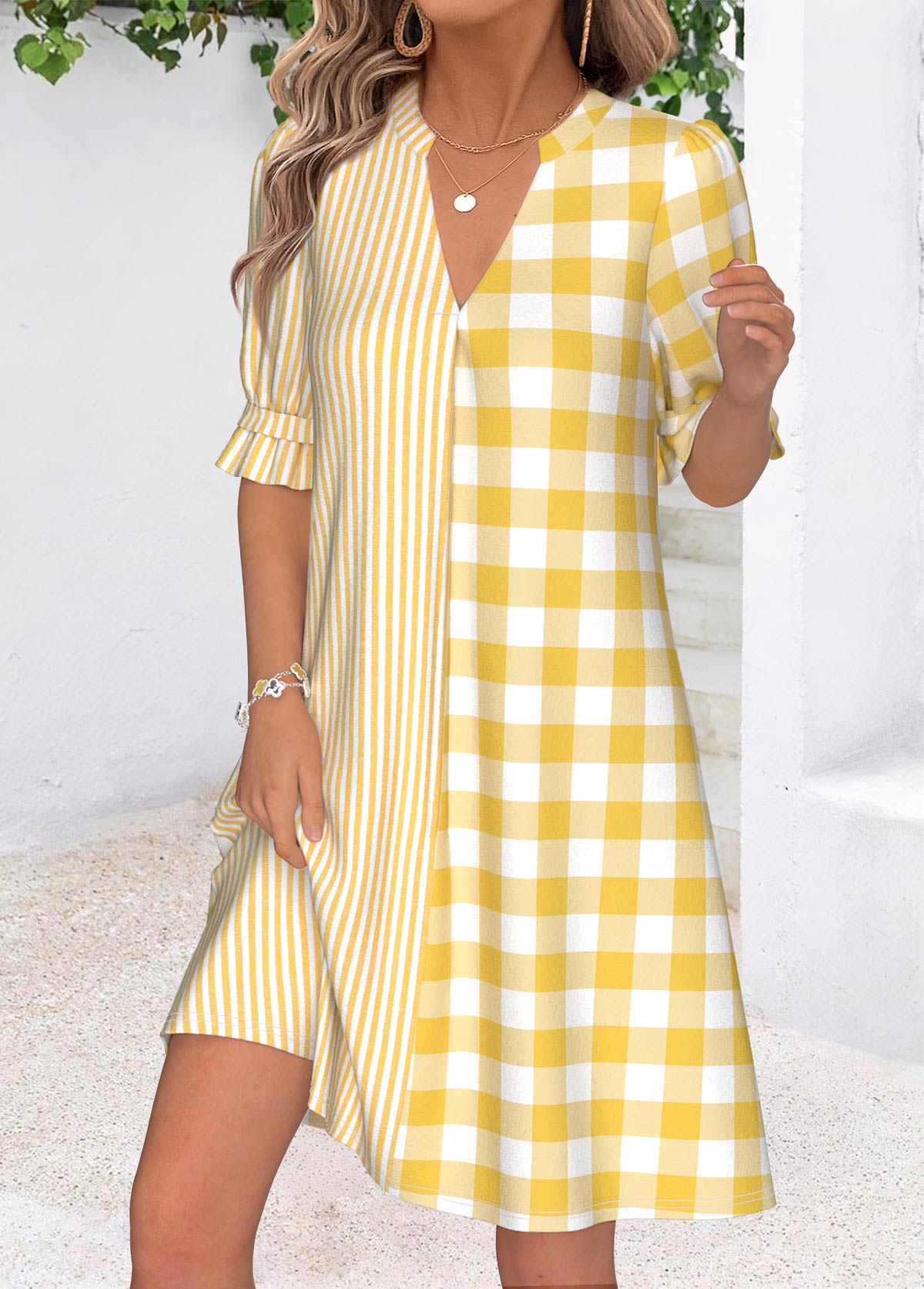 Yellow Geometric Print Short Patchwork Half Sleeve Dress | picture 