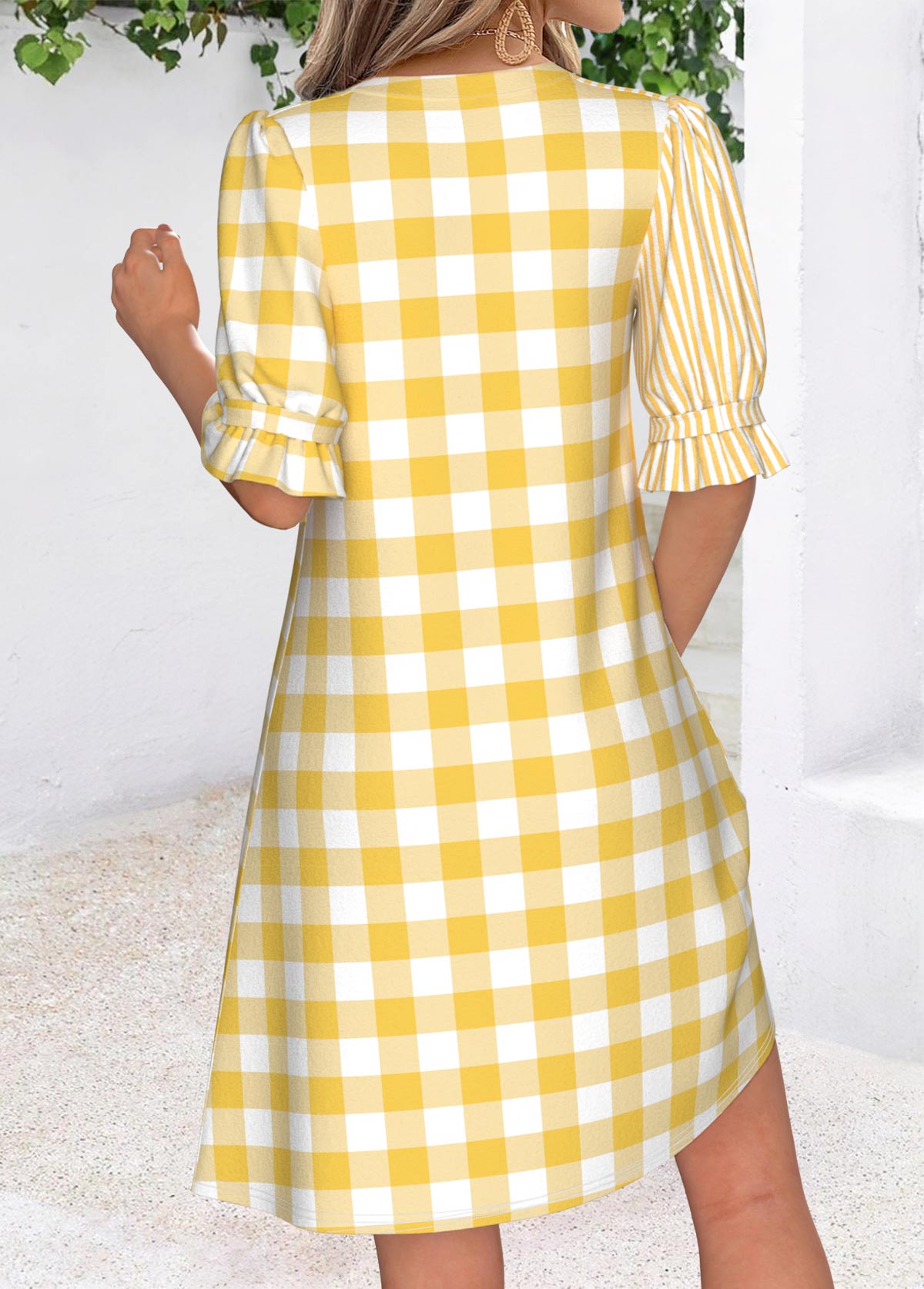 Yellow Geometric Print Short Patchwork Half Sleeve Dress | picture 