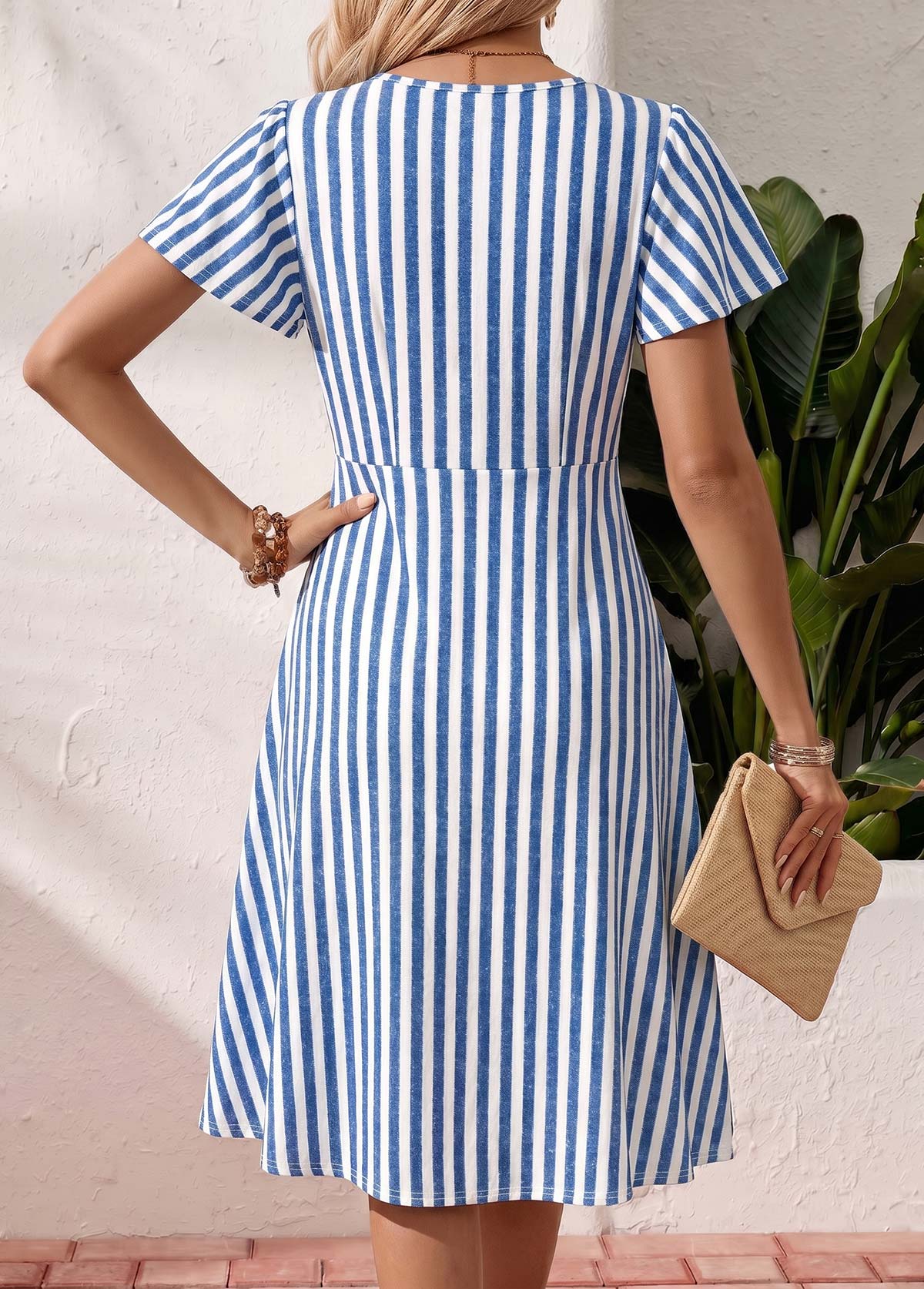 Blue Striped Tummy Coverage Short Sleeve Square Neck Dress | picture 