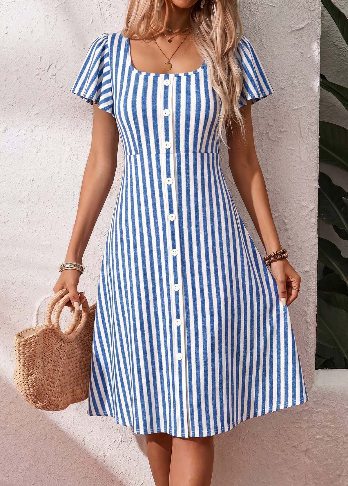 Blue Striped Tummy Coverage Short Sleeve Square Neck Dress | picture 