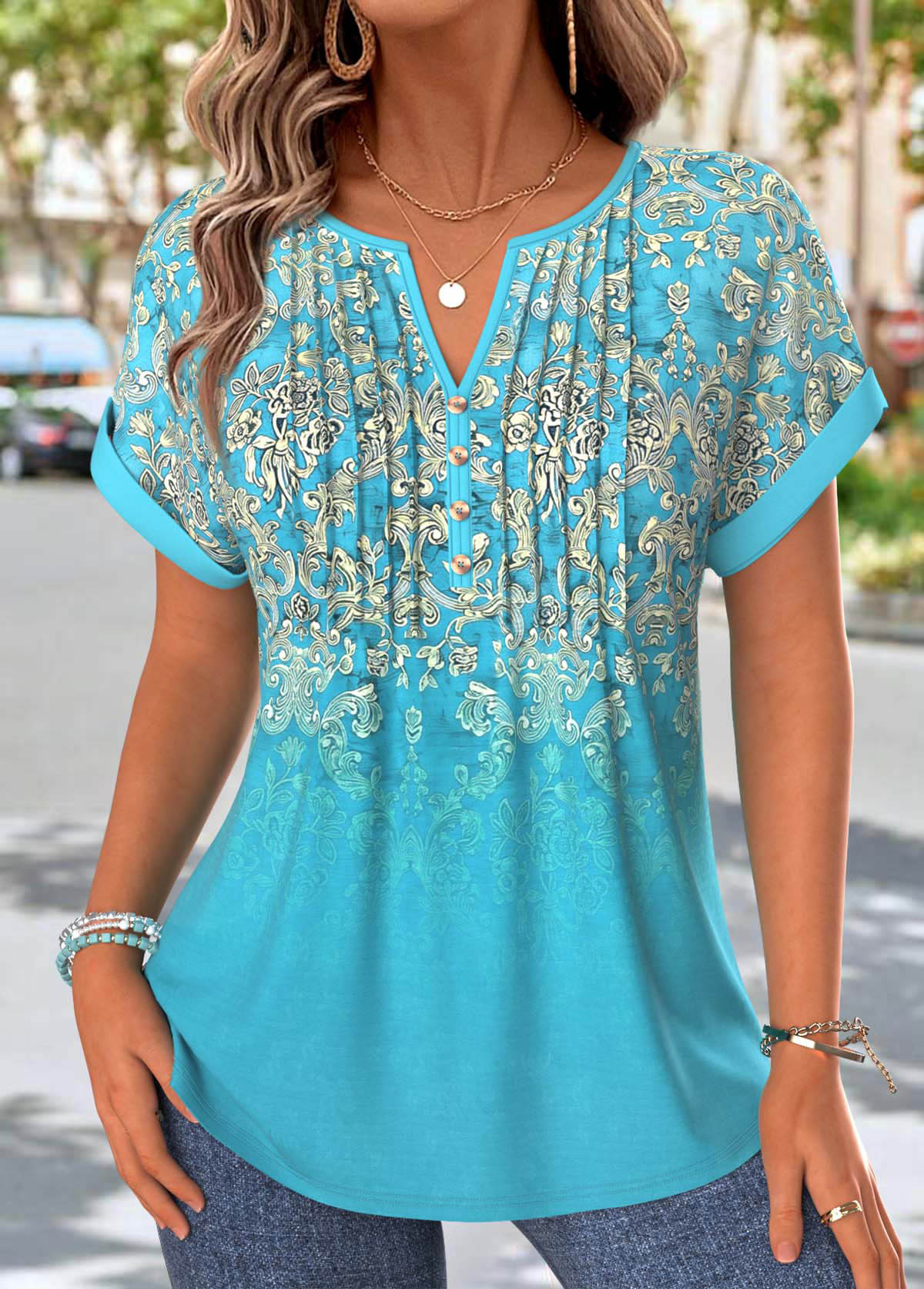 Mint Green Tribal Print Tuck Stitch T Shirt | picture 