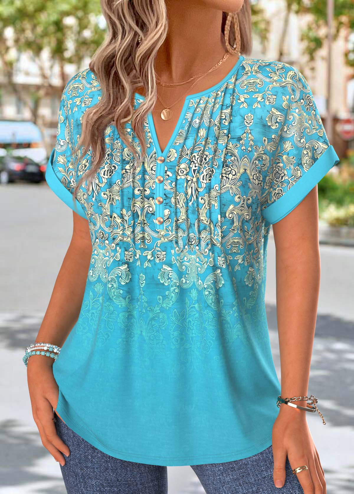 Mint Green Tribal Print Tuck Stitch T Shirt | picture 