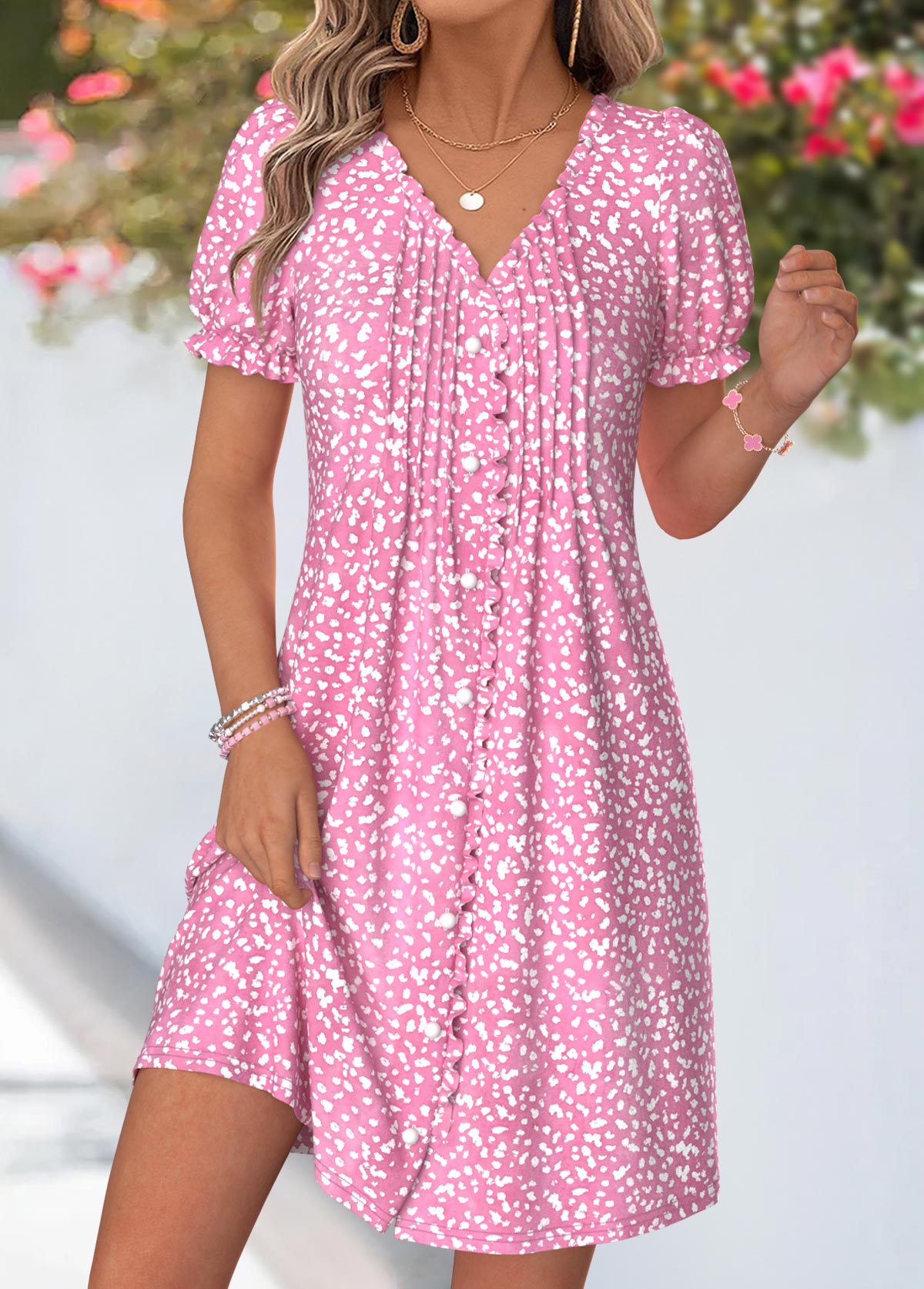 Modlily Pink Geometric Print Short Tuck Stitch V Neck Dress - XXL