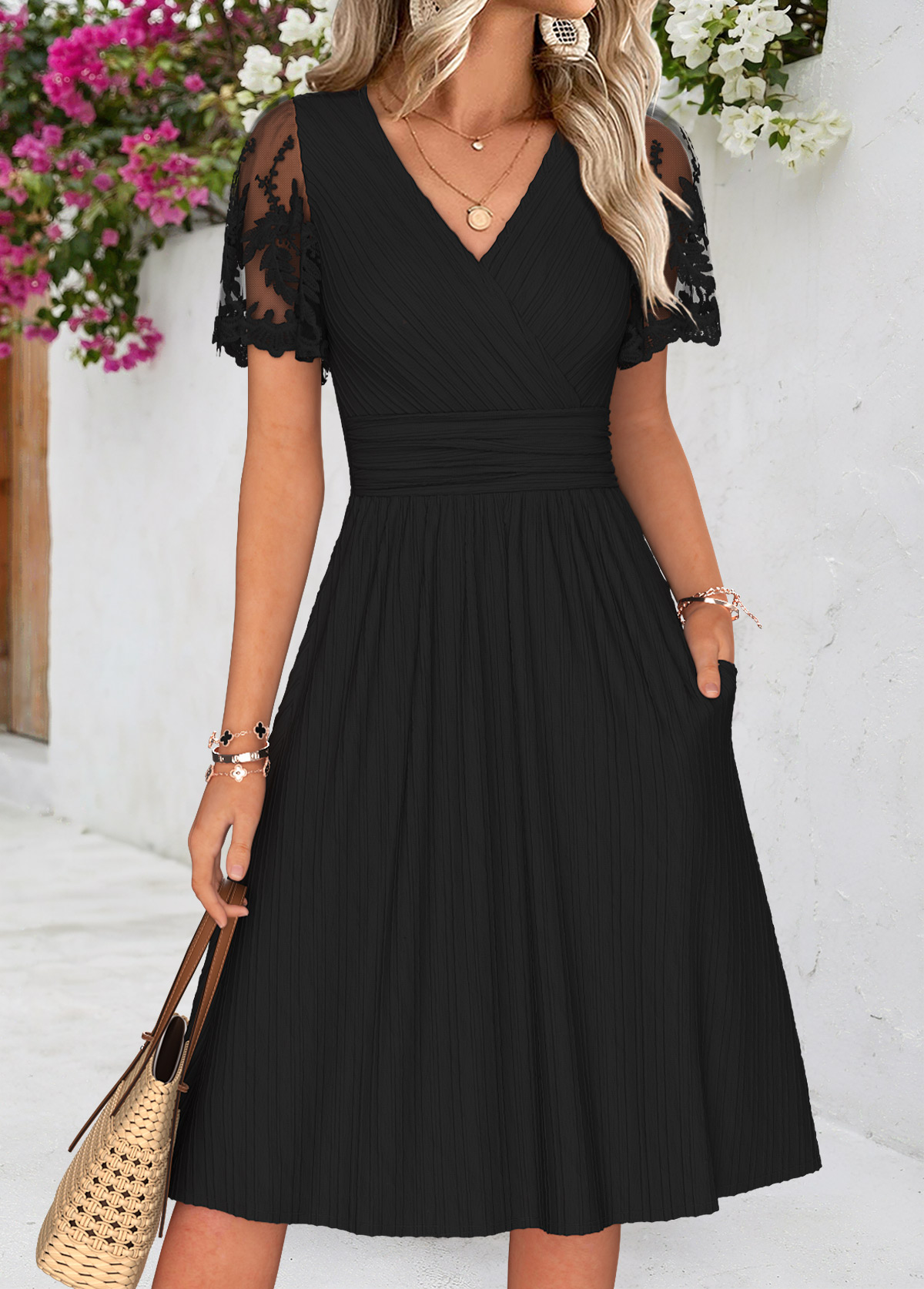 Black Patchwork Short Sleeve V Neck Dress | picture 