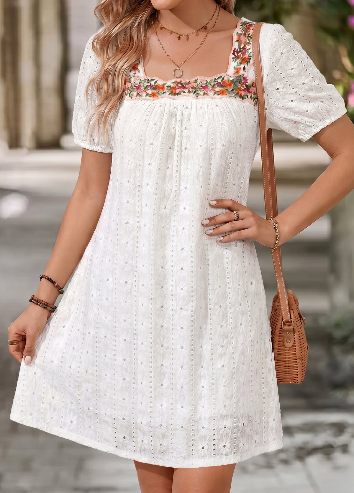 White Patchwork Short Sleeve Square Neck Dress | picture 
