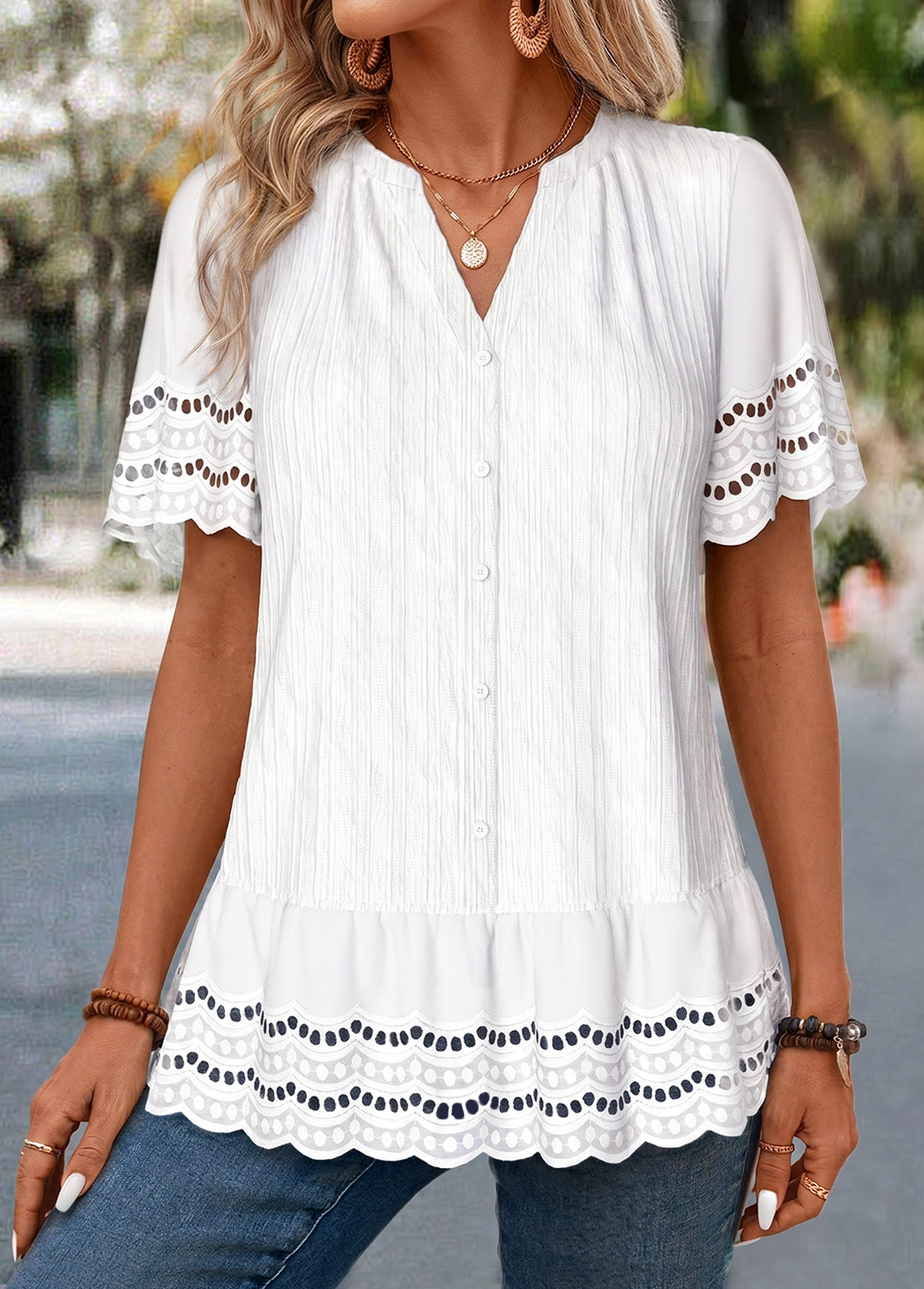 White Shirred Half Sleeve Split Neck Blouse | picture 