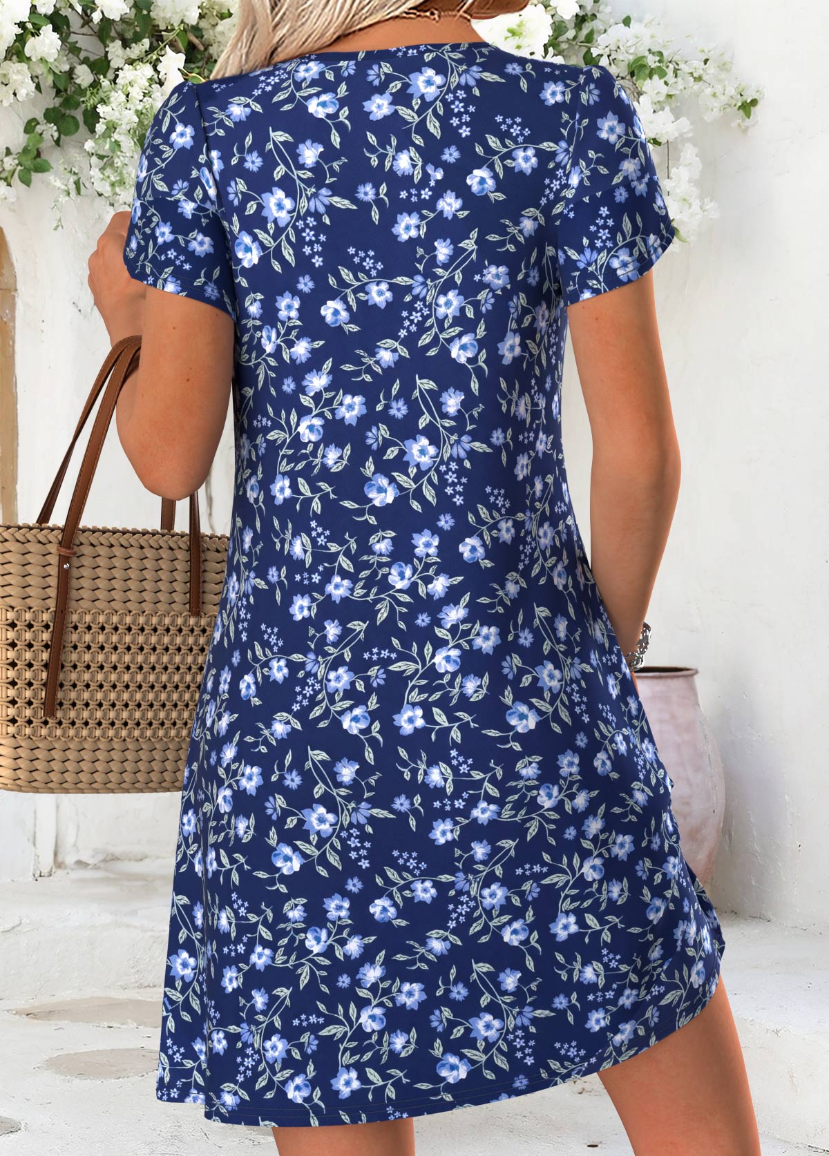 Blue Floral Print Short Tuck Stitch V Neck Dress | picture 