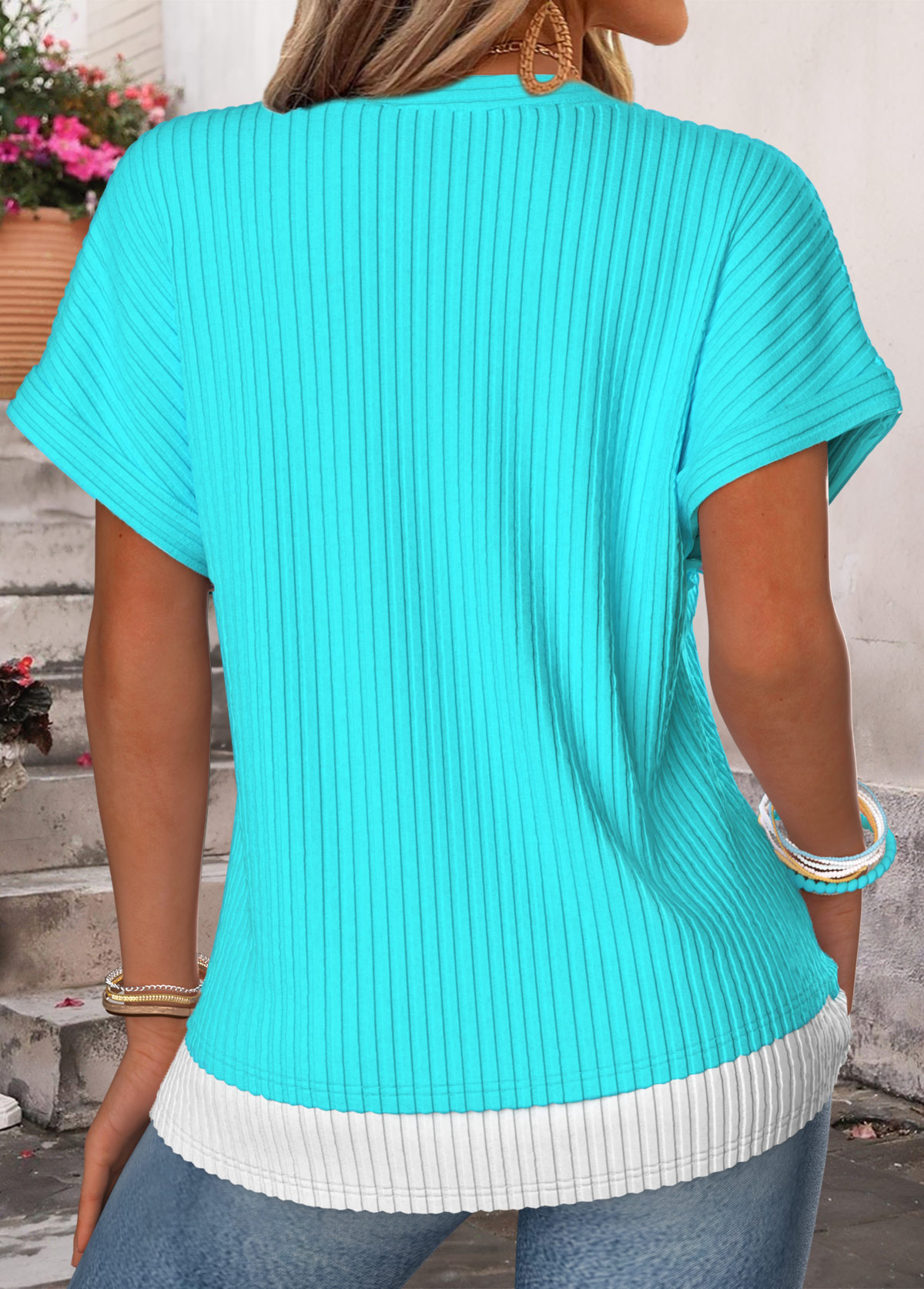 Blue Fake 2in1 Short Sleeve Split Neck T Shirt | picture 2