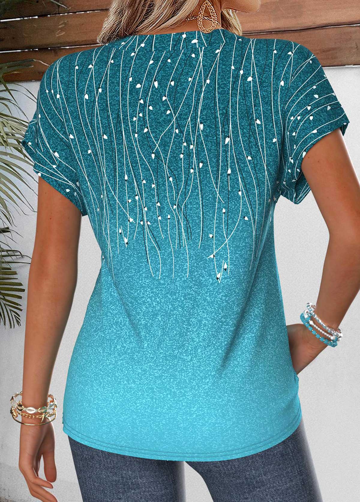 Cyan Leaf Print Patchwork Short Sleeve Split Neck Blouse | picture 