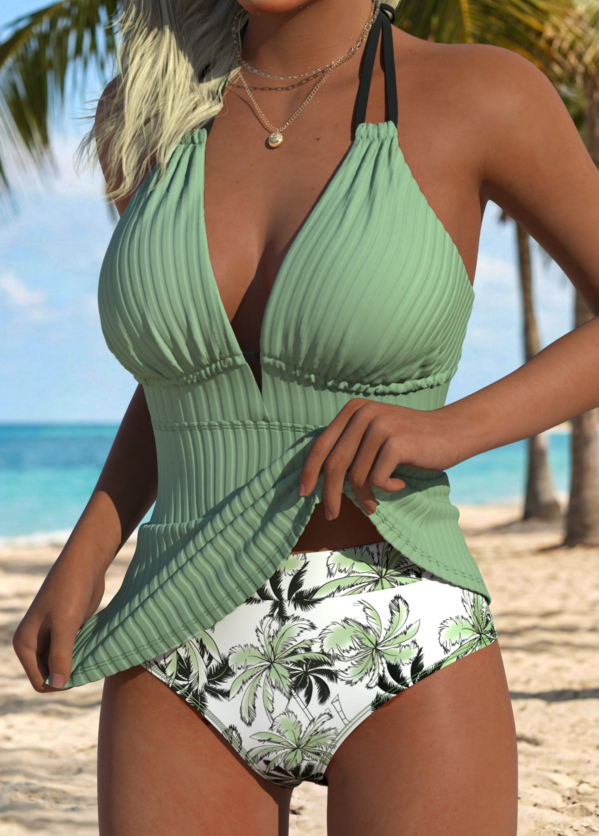 Sage Green Mid Waisted Tropical Plants Print Tankini Set | picture 