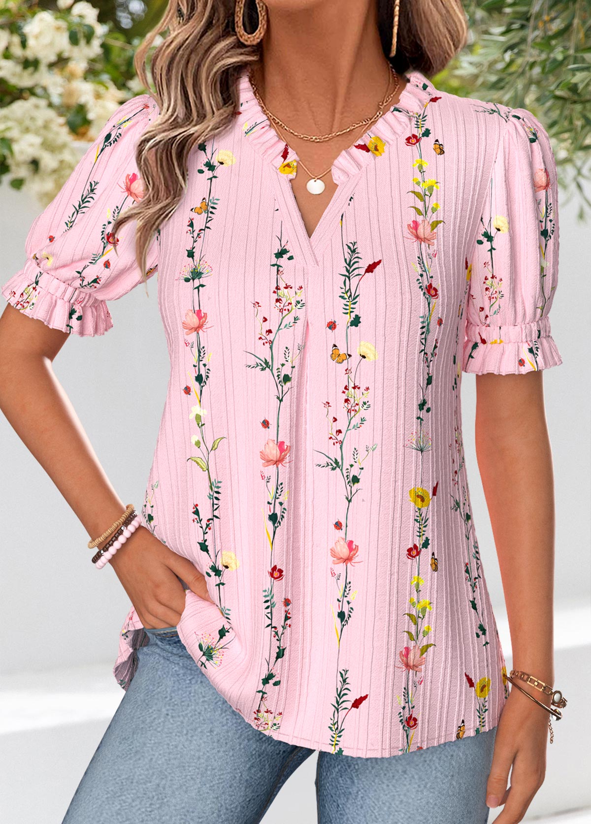 Pink Floral Print Corset Short Sleeve Split Neck Blouse | picture 