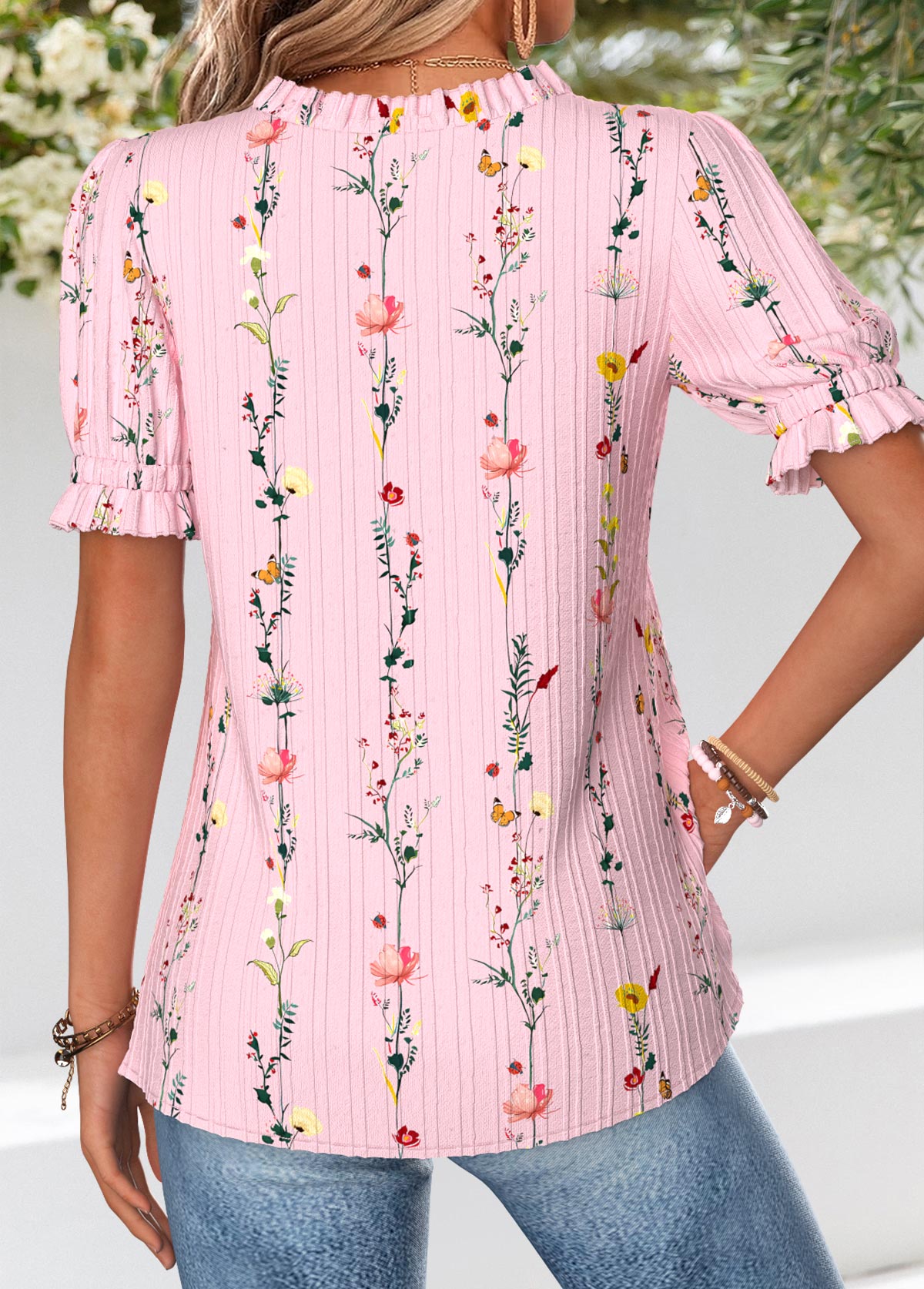 Pink Floral Print Corset Short Sleeve Split Neck Blouse | picture 