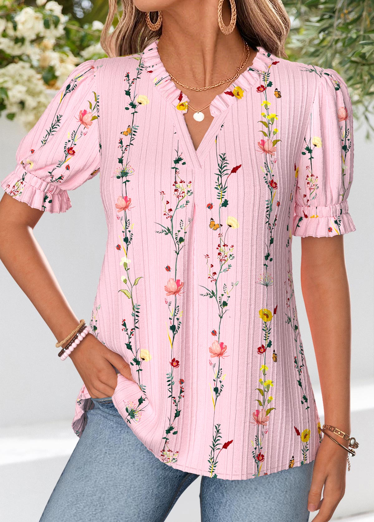Pink Floral Print Corset Short Sleeve Split Neck Blouse | picture 