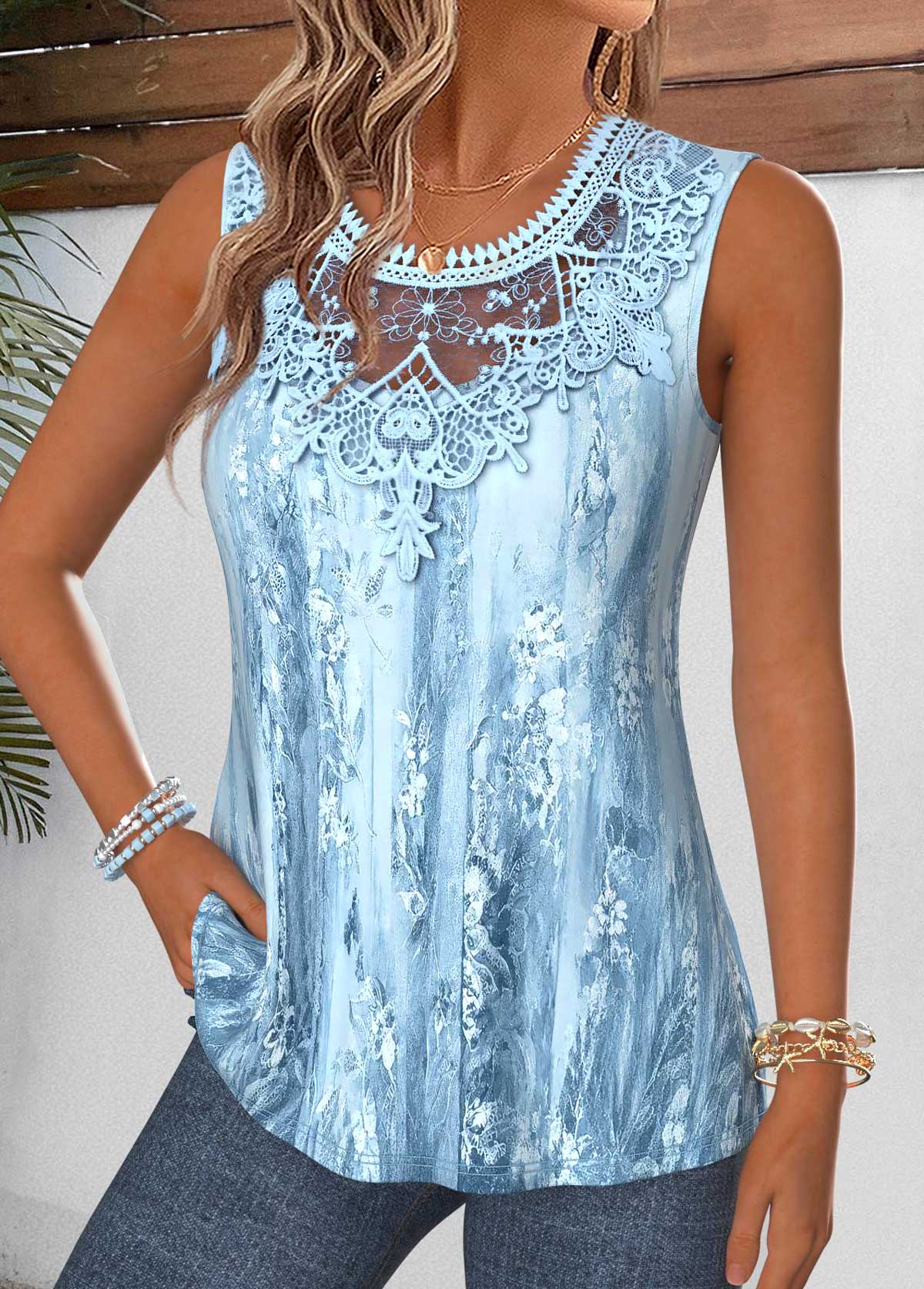 Dusty Blue Random Floral Print Curved Hem Tank Top | picture 