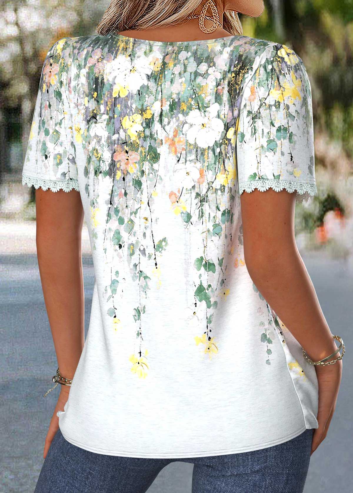 Multi Color Floral Print Pleated Short Sleeve Blouse | picture 