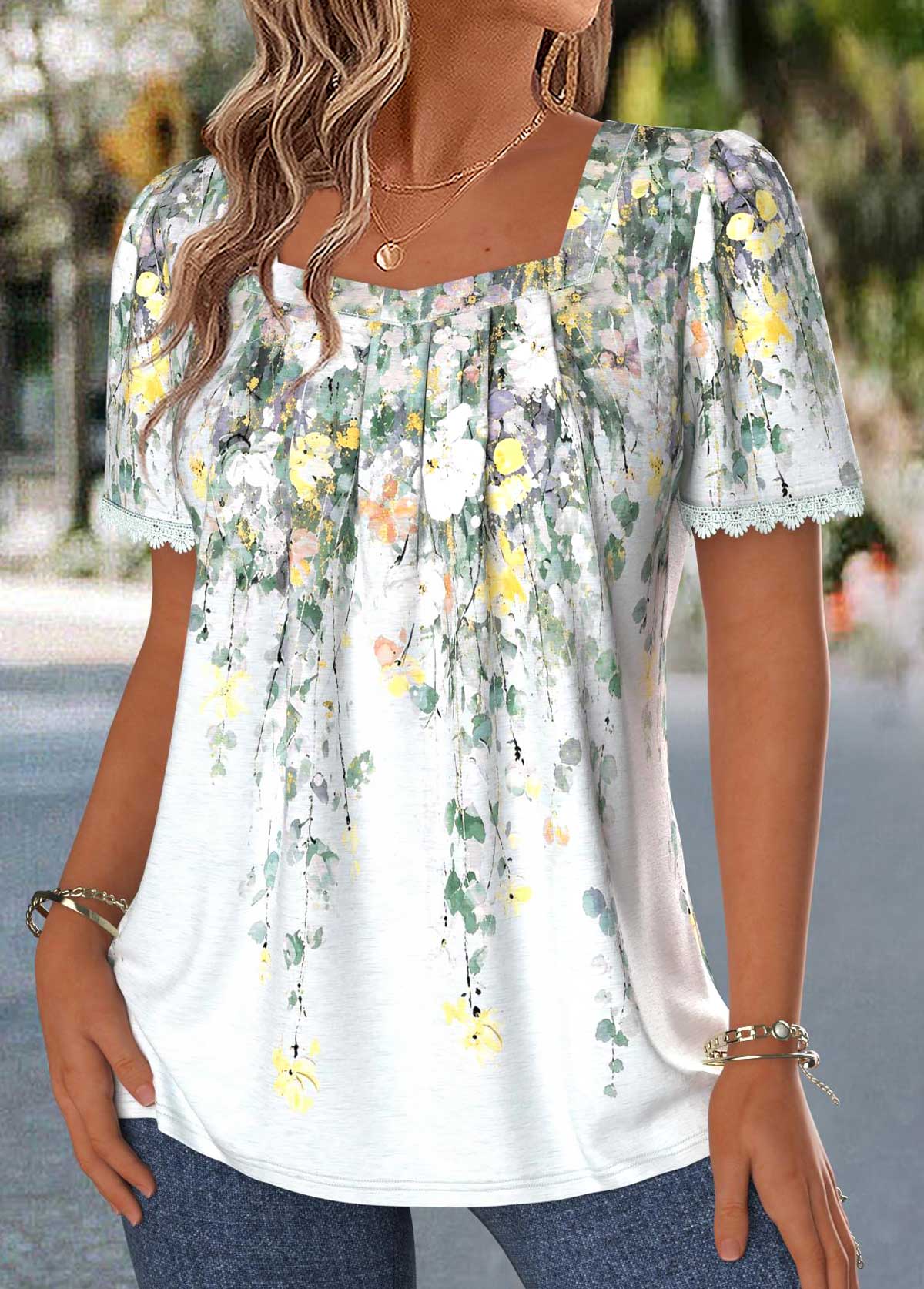 Multi Color Floral Print Pleated Short Sleeve Blouse | picture 