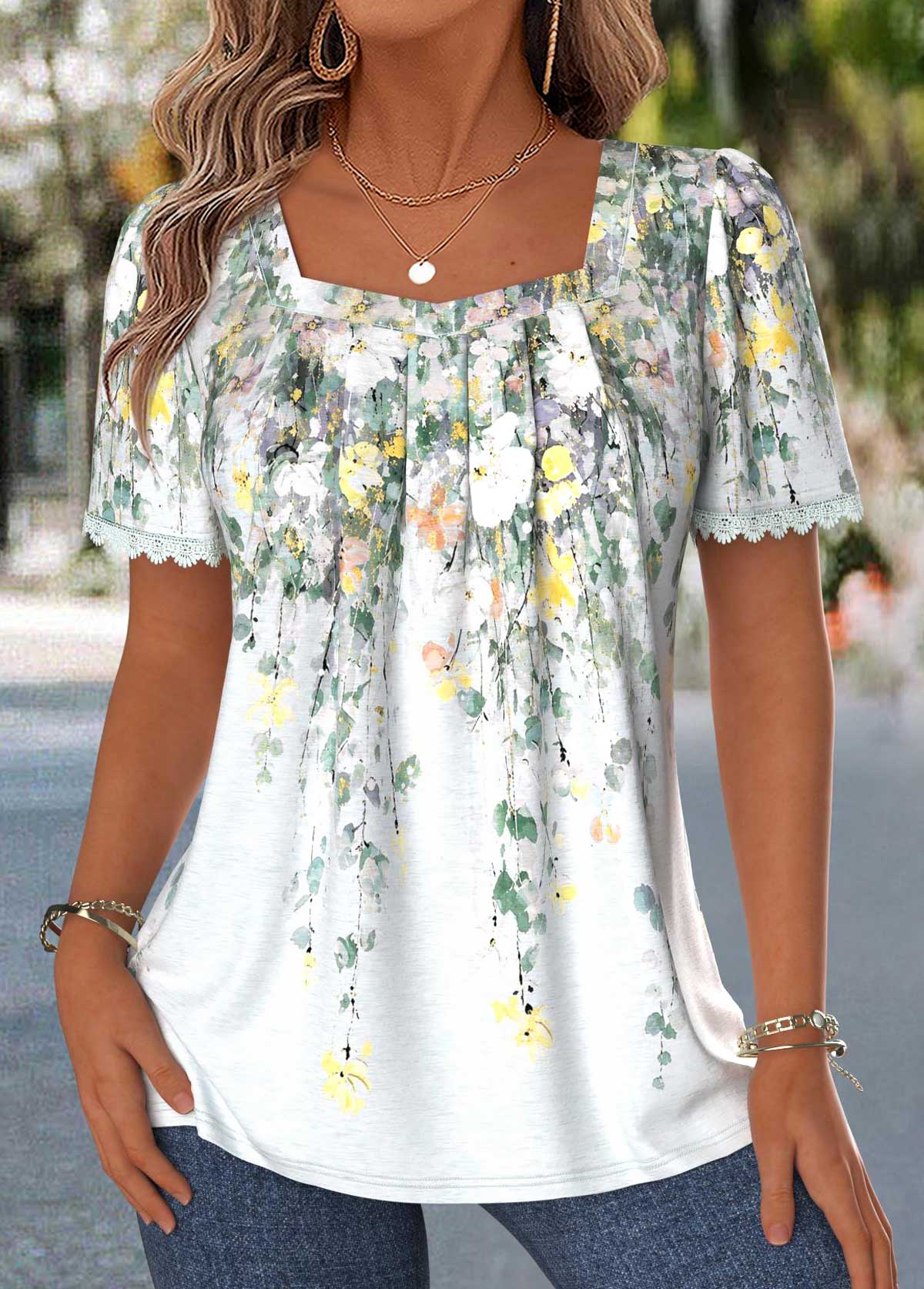 Multi Color Floral Print Pleated Short Sleeve Blouse | picture 