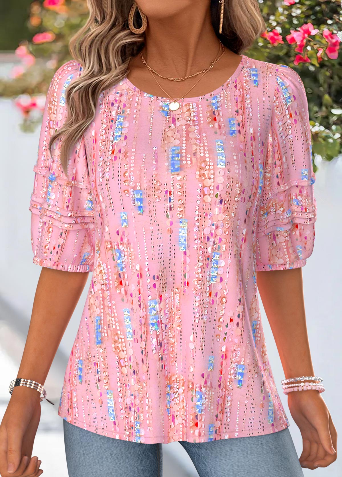 Pink Geometric Print Bowknot Half Sleeve T Shirt | picture 