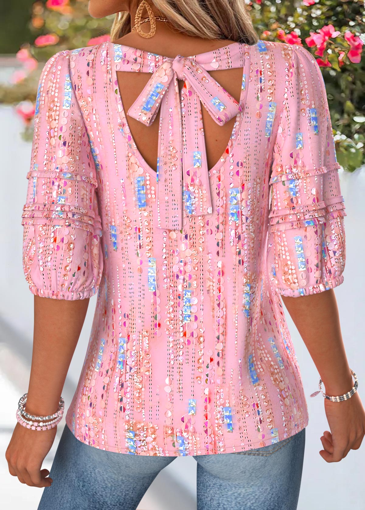 Pink Geometric Print Bowknot Half Sleeve T Shirt | picture 