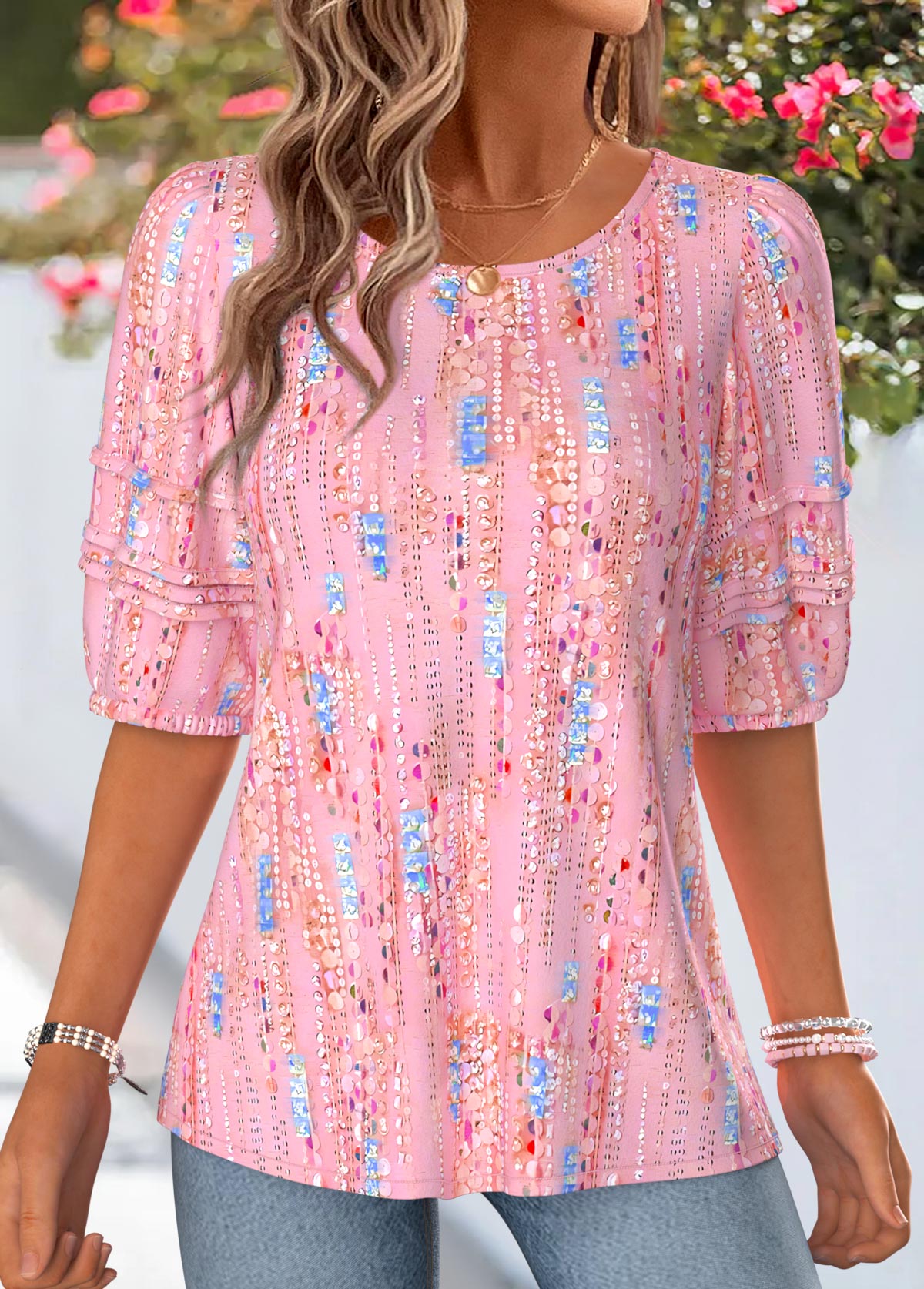 Pink Geometric Print Bowknot Half Sleeve T Shirt | picture 