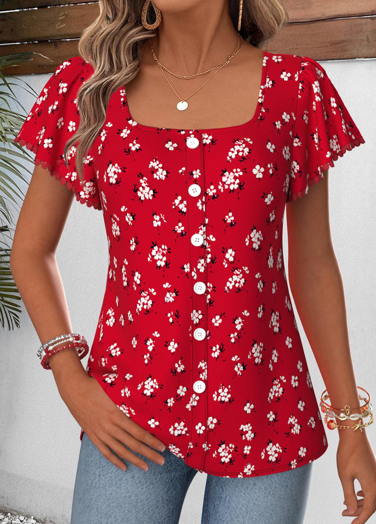 Red Floral Print Curved Hem Short Sleeve Blouse | picture 