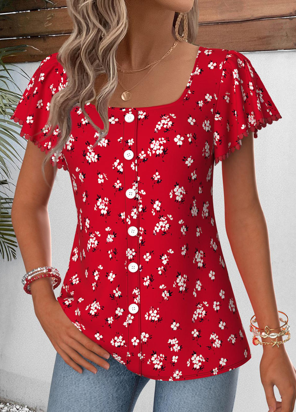 Red Floral Print Curved Hem Short Sleeve Blouse | picture 