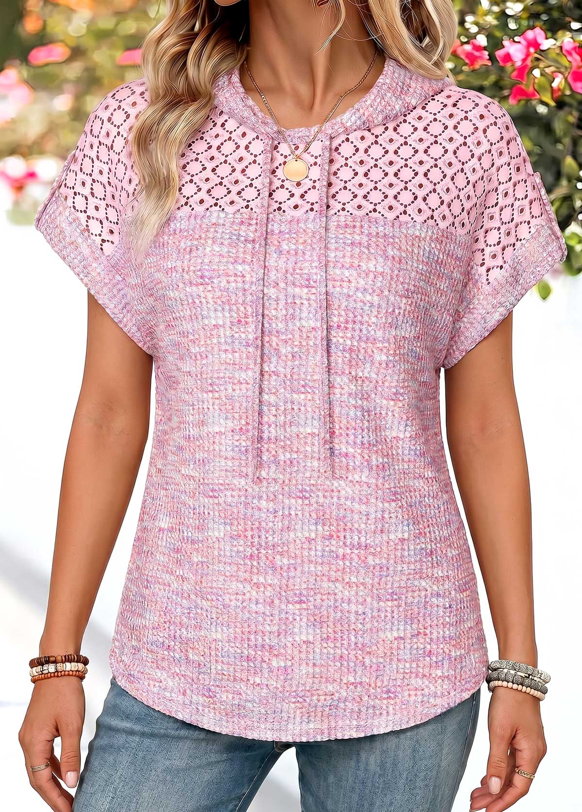 Pink Curved Hem Short Sleeve Hooded T Shirt | picture 