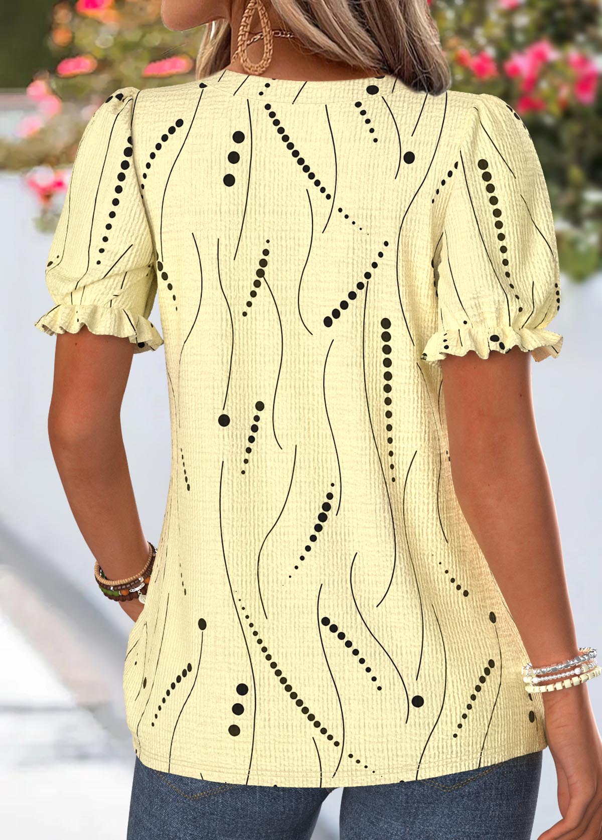 Yellow Geometric Print Frill Short Sleeve Split Neck Blouse | picture 