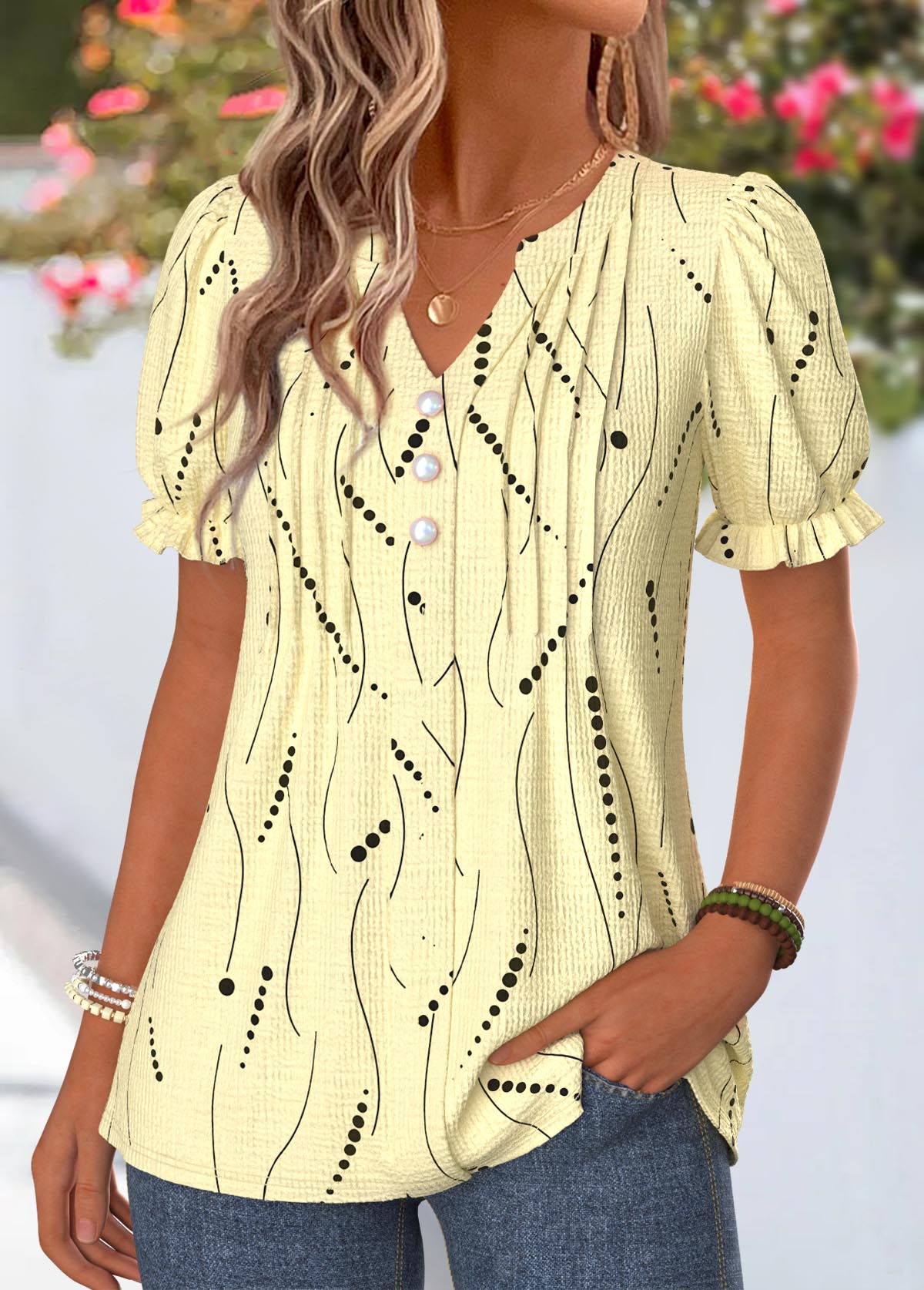 Yellow Geometric Print Frill Short Sleeve Split Neck Blouse | picture 