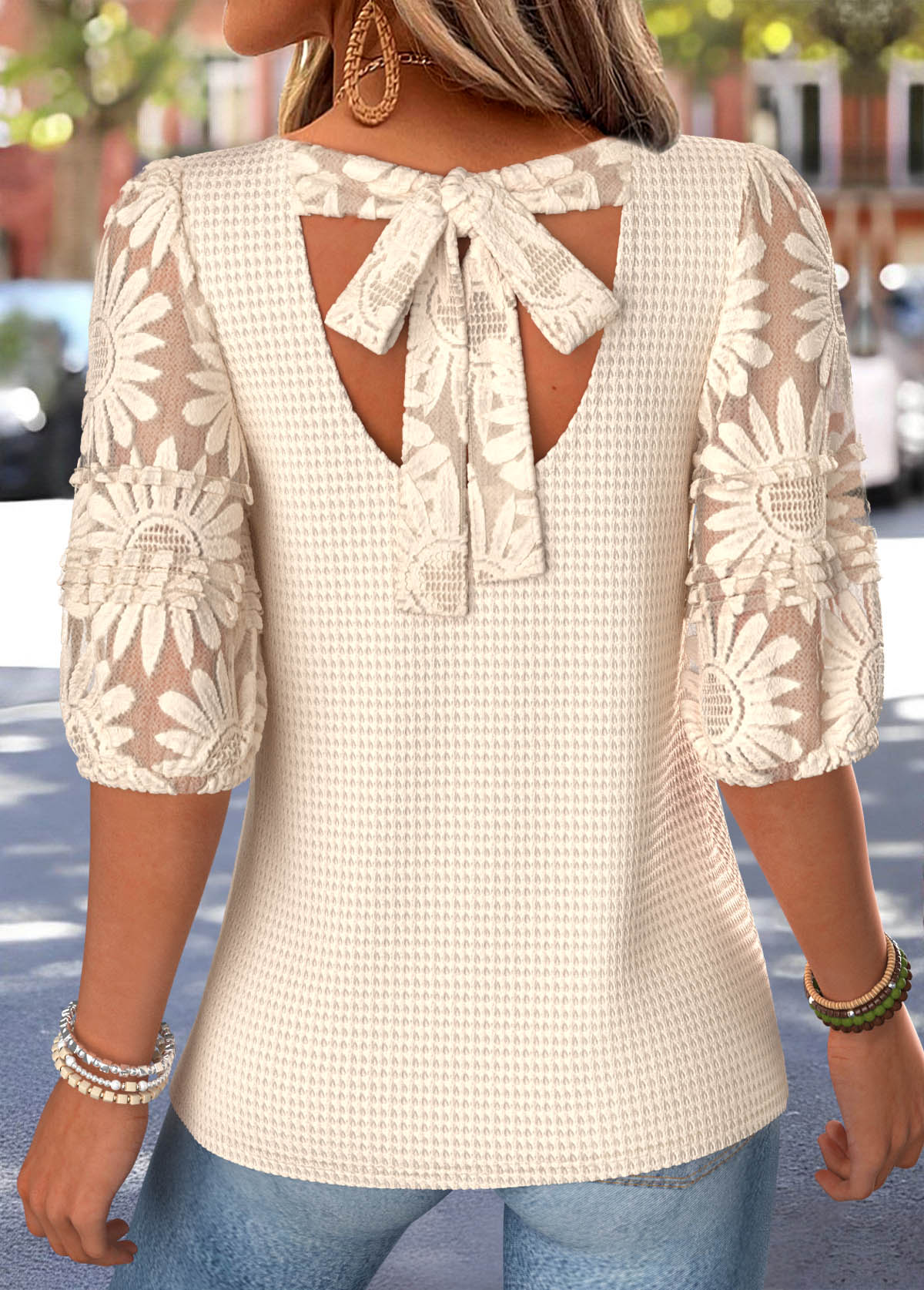 Beige Bowknot Half Sleeve Round Neck T Shirt | picture 