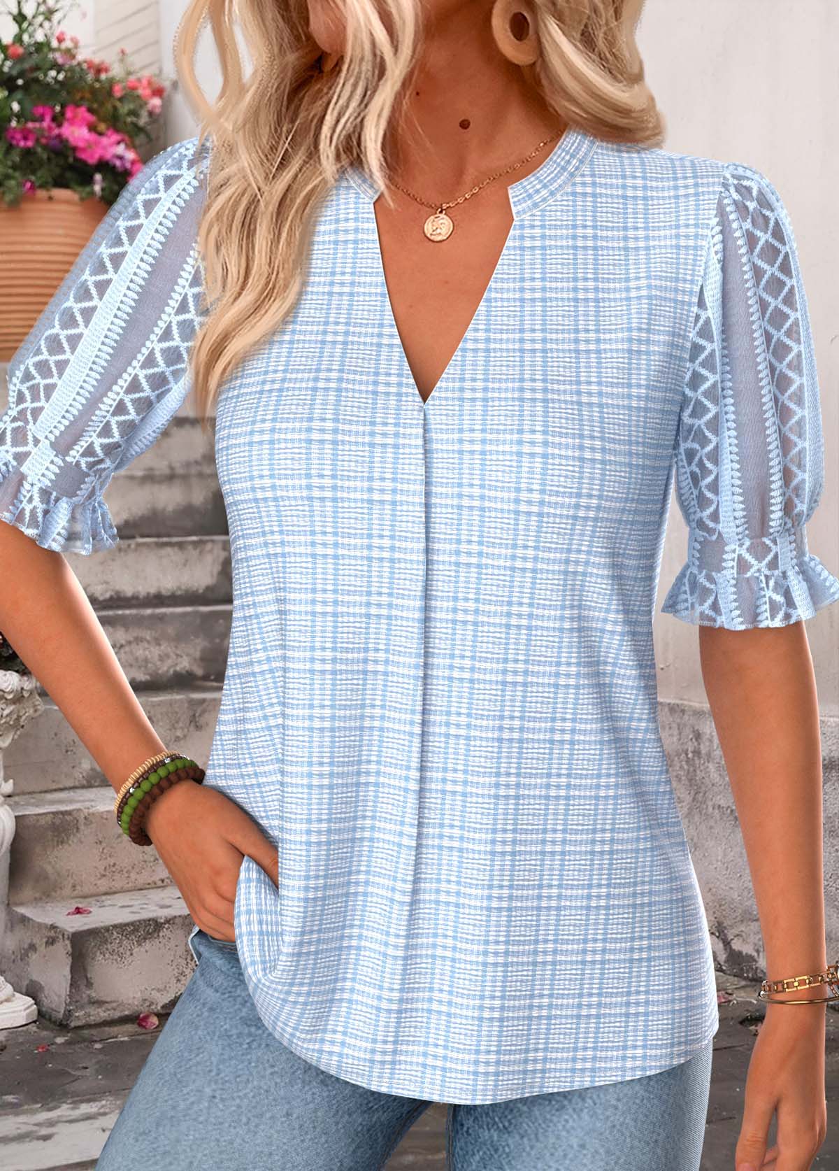 Blue Plaid Shirred Half Sleeve Split Neck Blouse | picture 