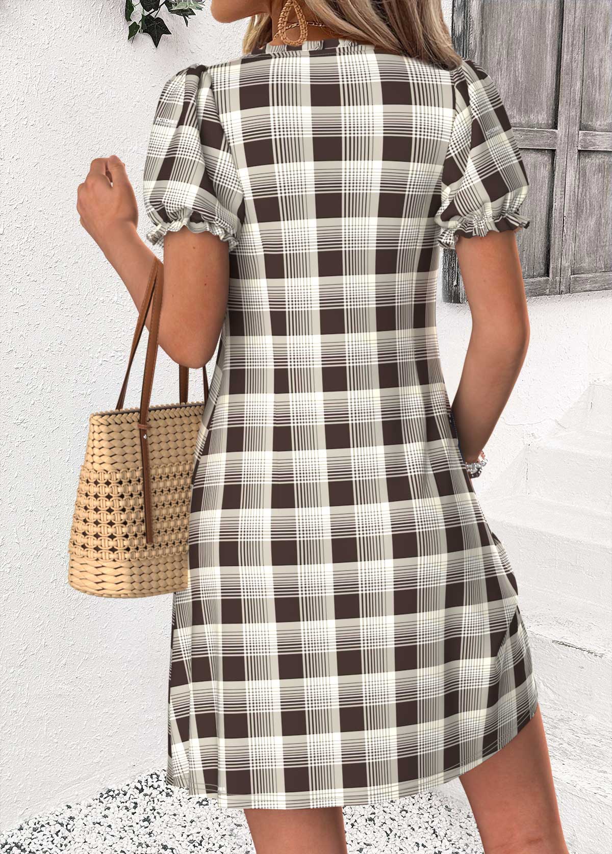 Dark Coffee Plaid Short Tuck Stitch V Neck Dress | picture 
