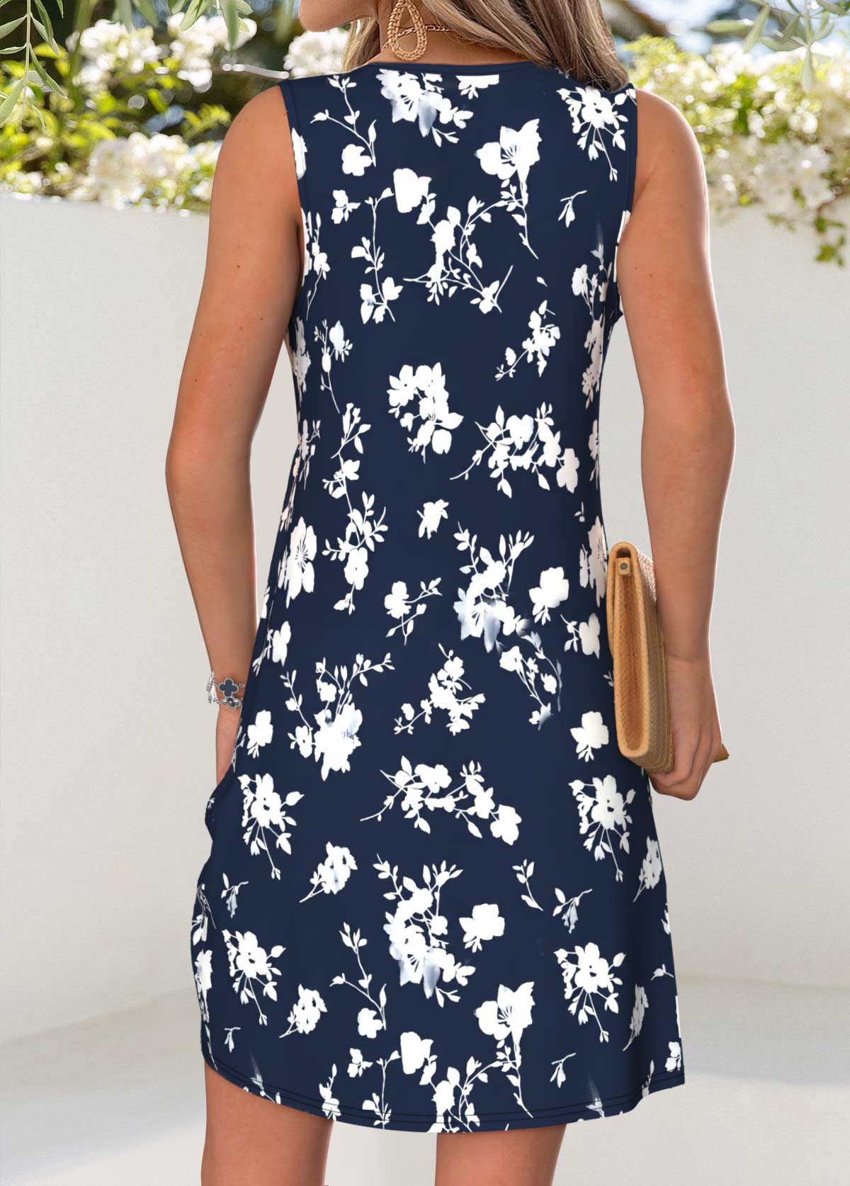 Navy Floral Print Short Tummy Coverage Sleeveless Dress | picture 