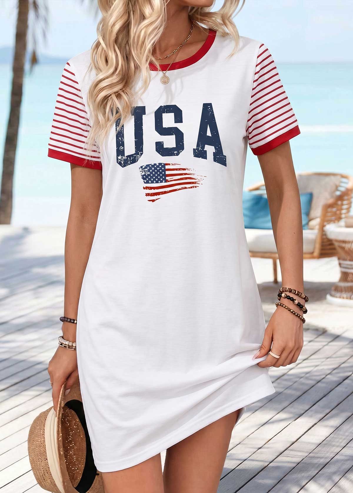 White Letter Print Short Contrast Piping Round Neck Dress | picture 