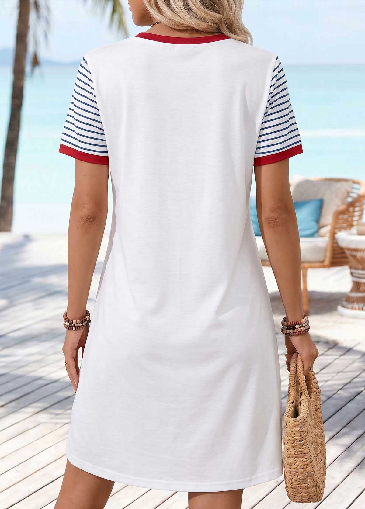White Letter Print Short Contrast Piping Round Neck Dress | picture 