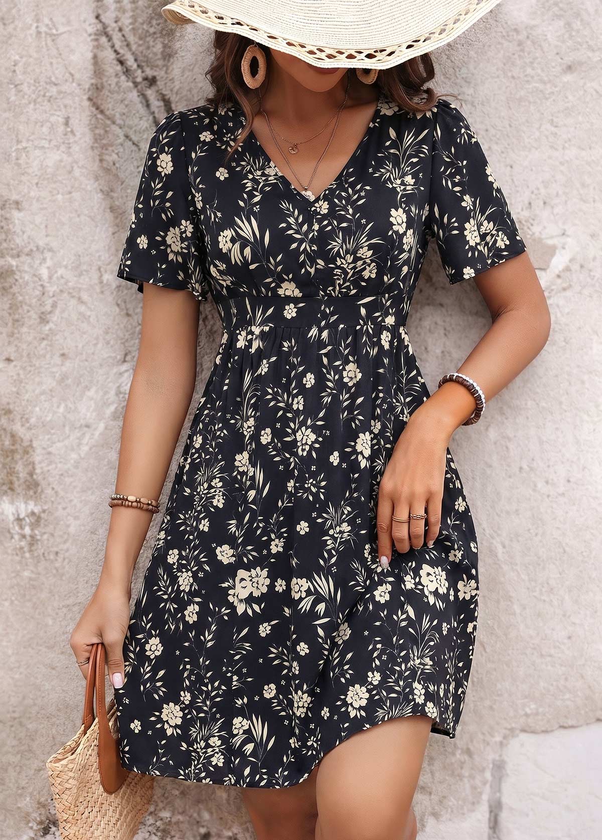 Black Floral Print Short Surplice V Neck Dress | picture 