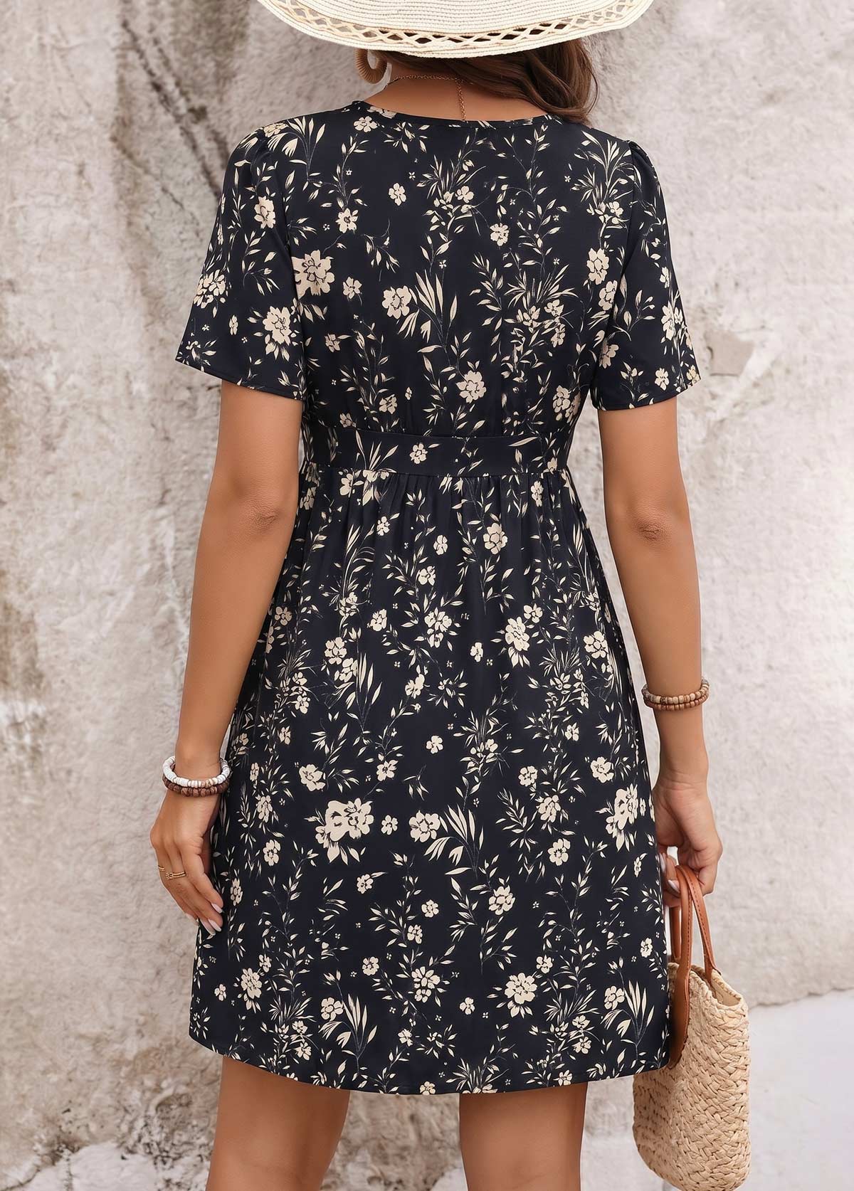 Black Floral Print Short Surplice V Neck Dress | picture 