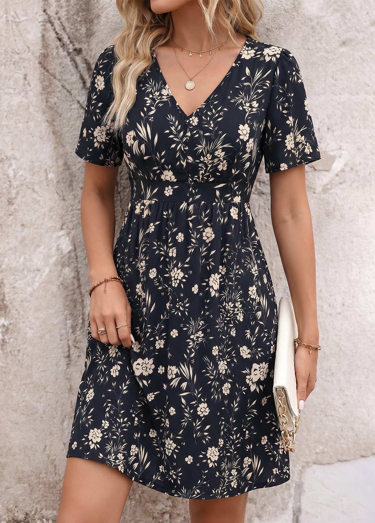 Black Floral Print Short Surplice V Neck Dress | picture 