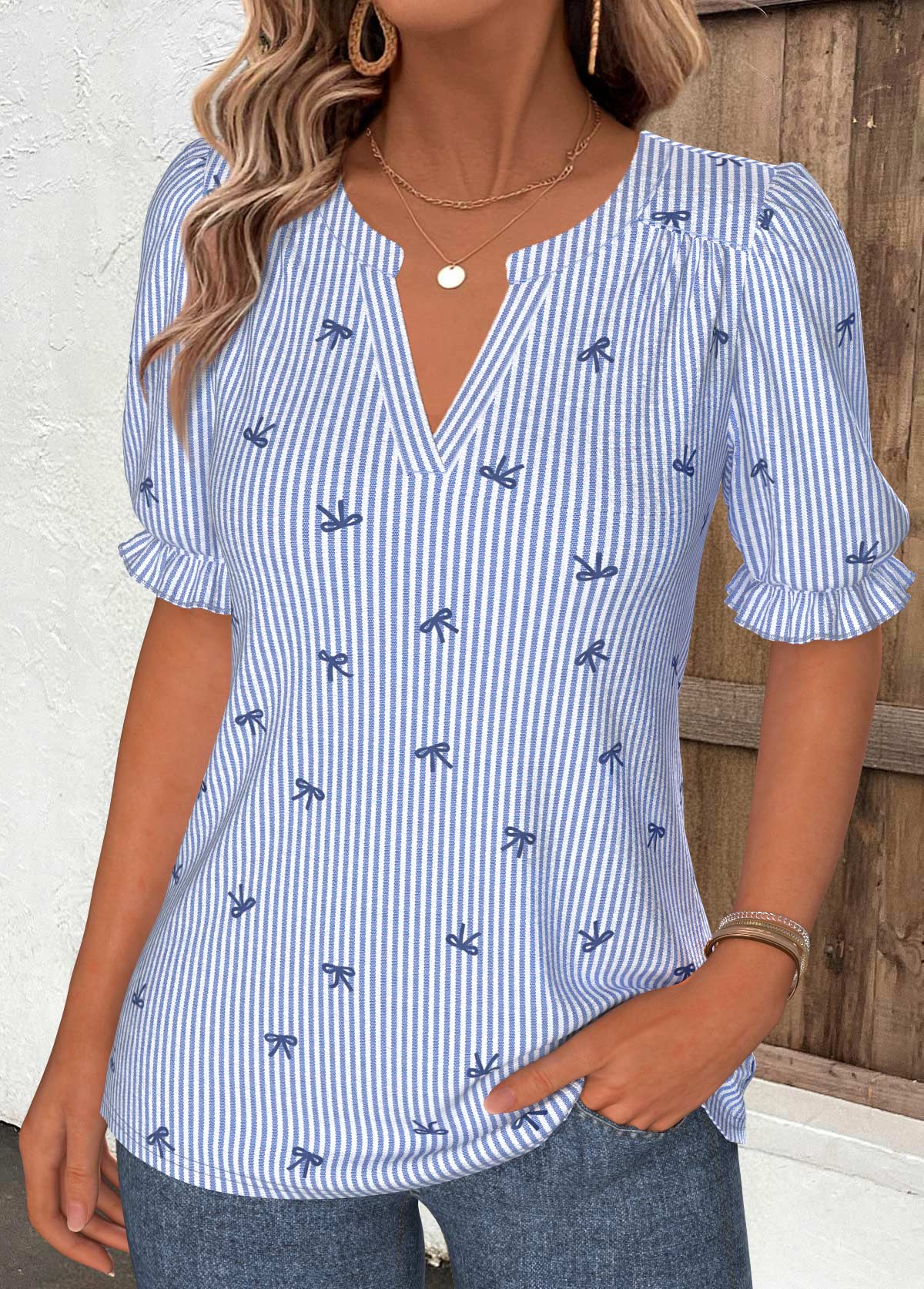Blue Striped Curved Hem Short Sleeve Split Neck Blouse | picture 