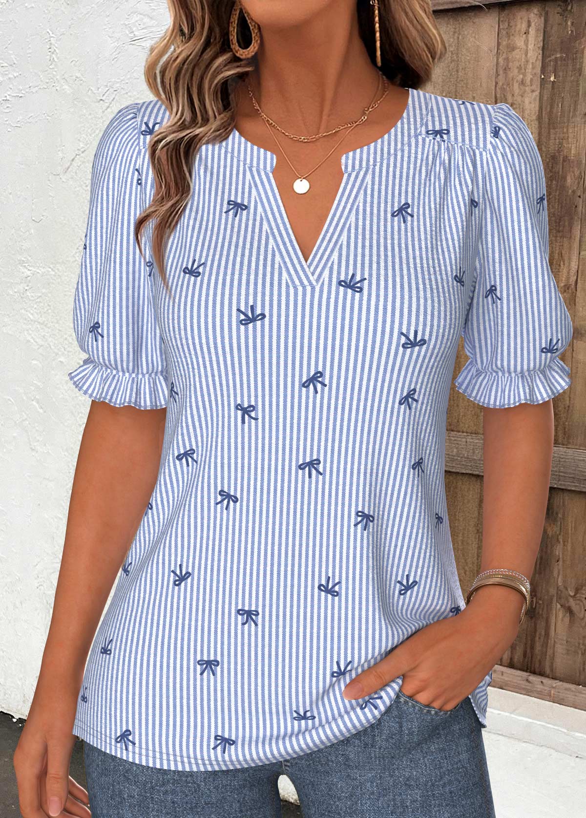 Blue Striped Curved Hem Short Sleeve Split Neck Blouse | picture 