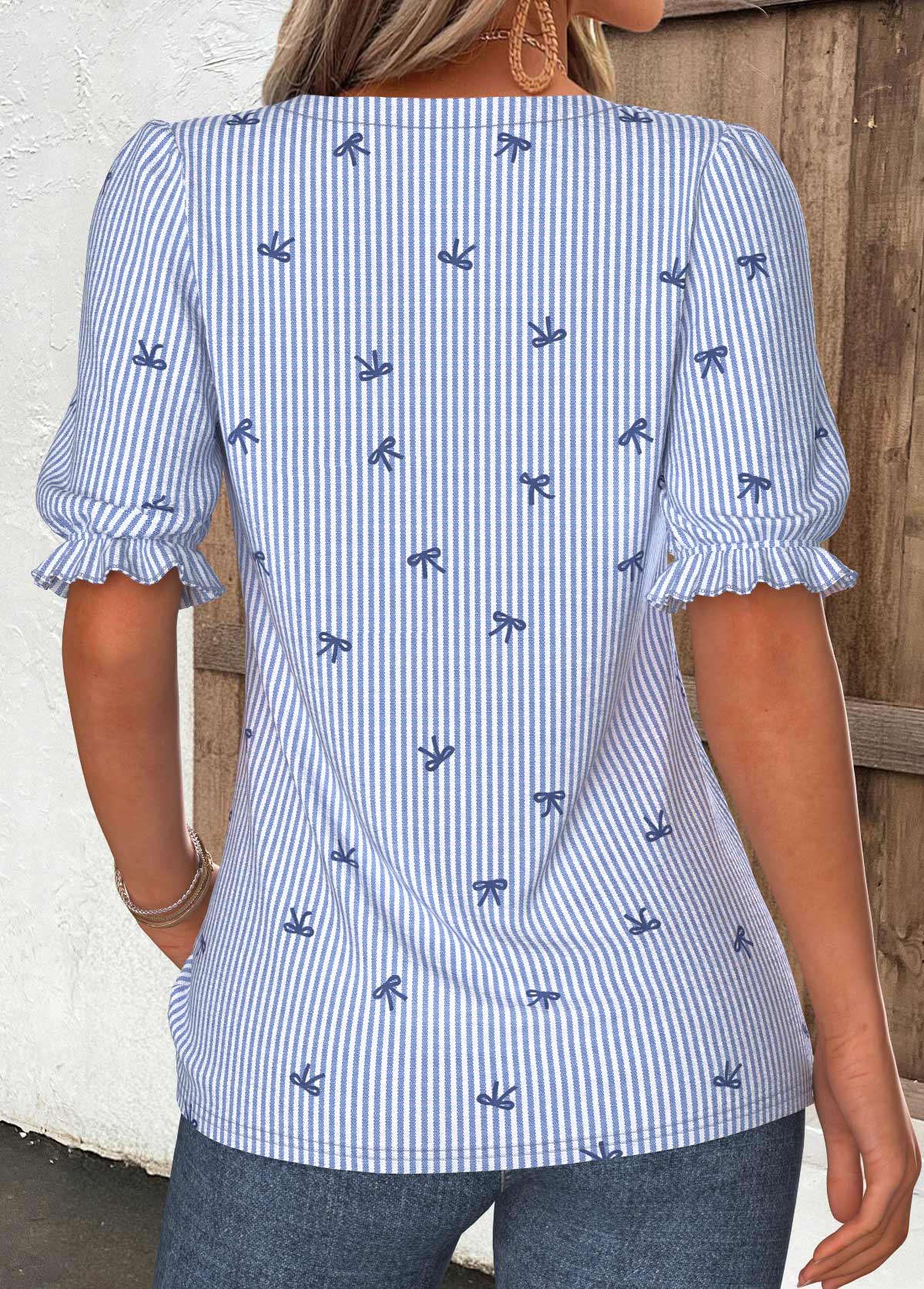 Blue Striped Curved Hem Short Sleeve Split Neck Blouse | picture 