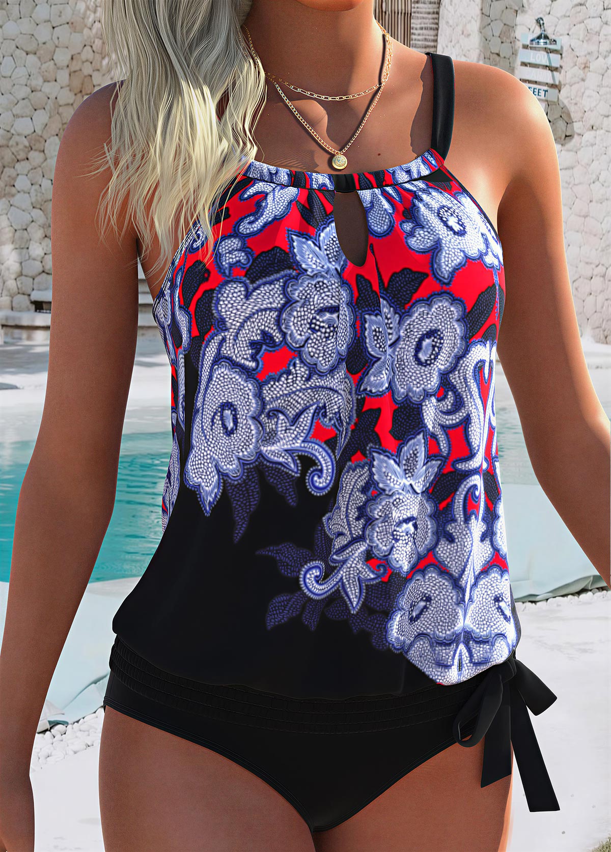 Black Mid Waisted Bowknot Tribal Print Tankini Set | picture 