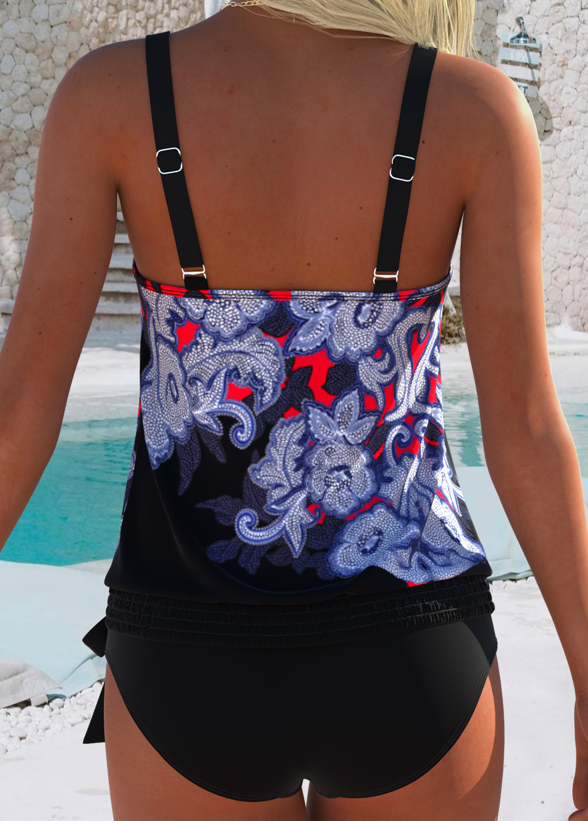 Black Mid Waisted Bowknot Tribal Print Tankini Set | picture 