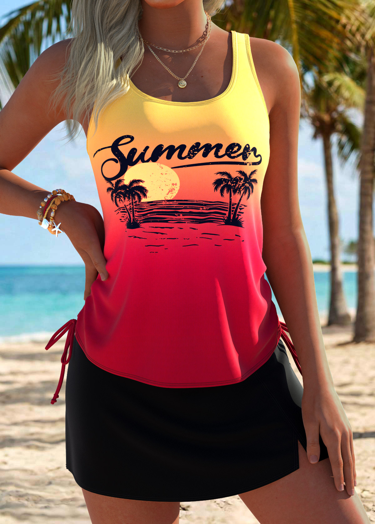 Multi Color Mid Waisted Drawstring Ombre Tankini Set | picture 