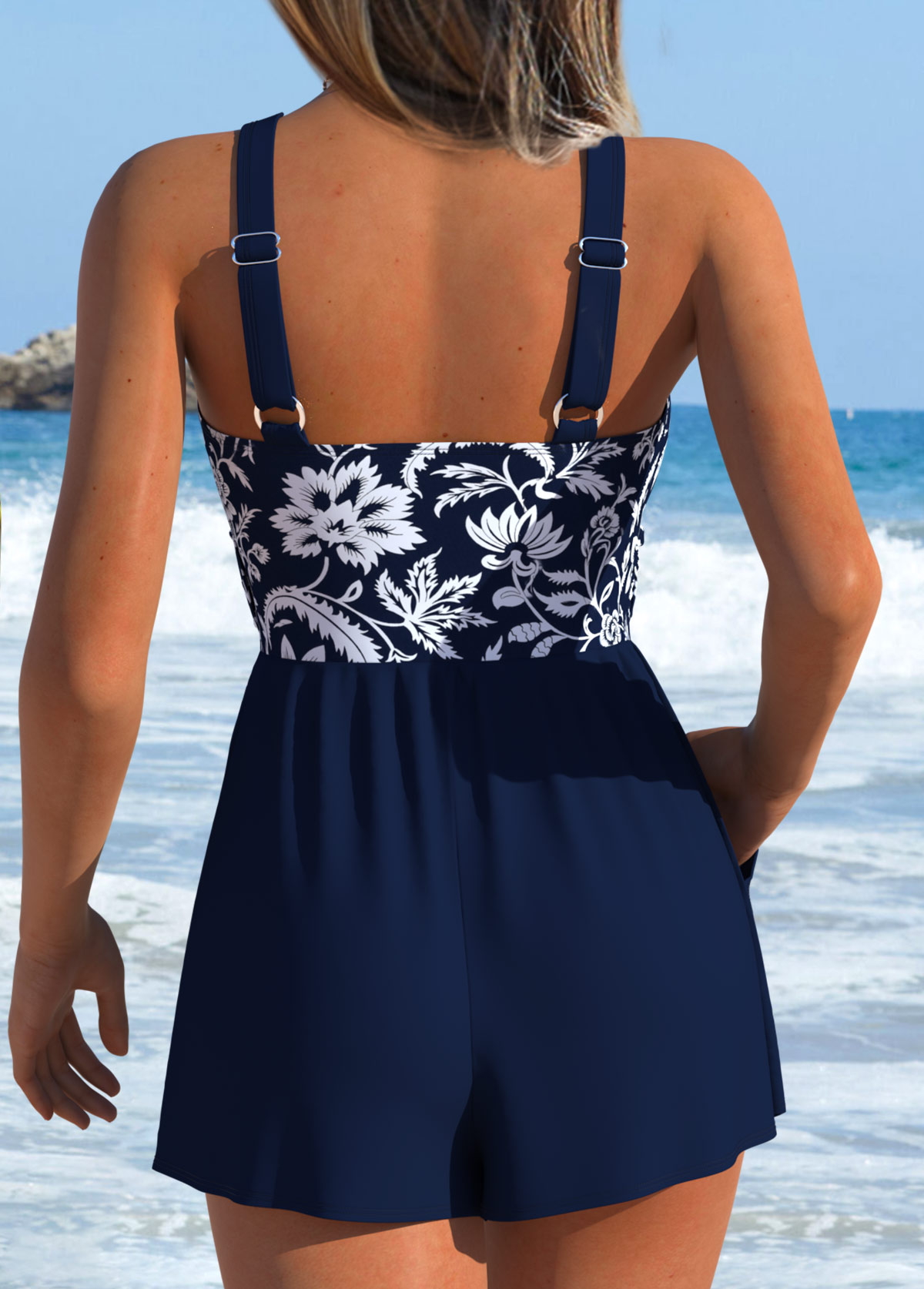 Navy Criss Cross Random Floral Print One Piece Swimwear | picture 