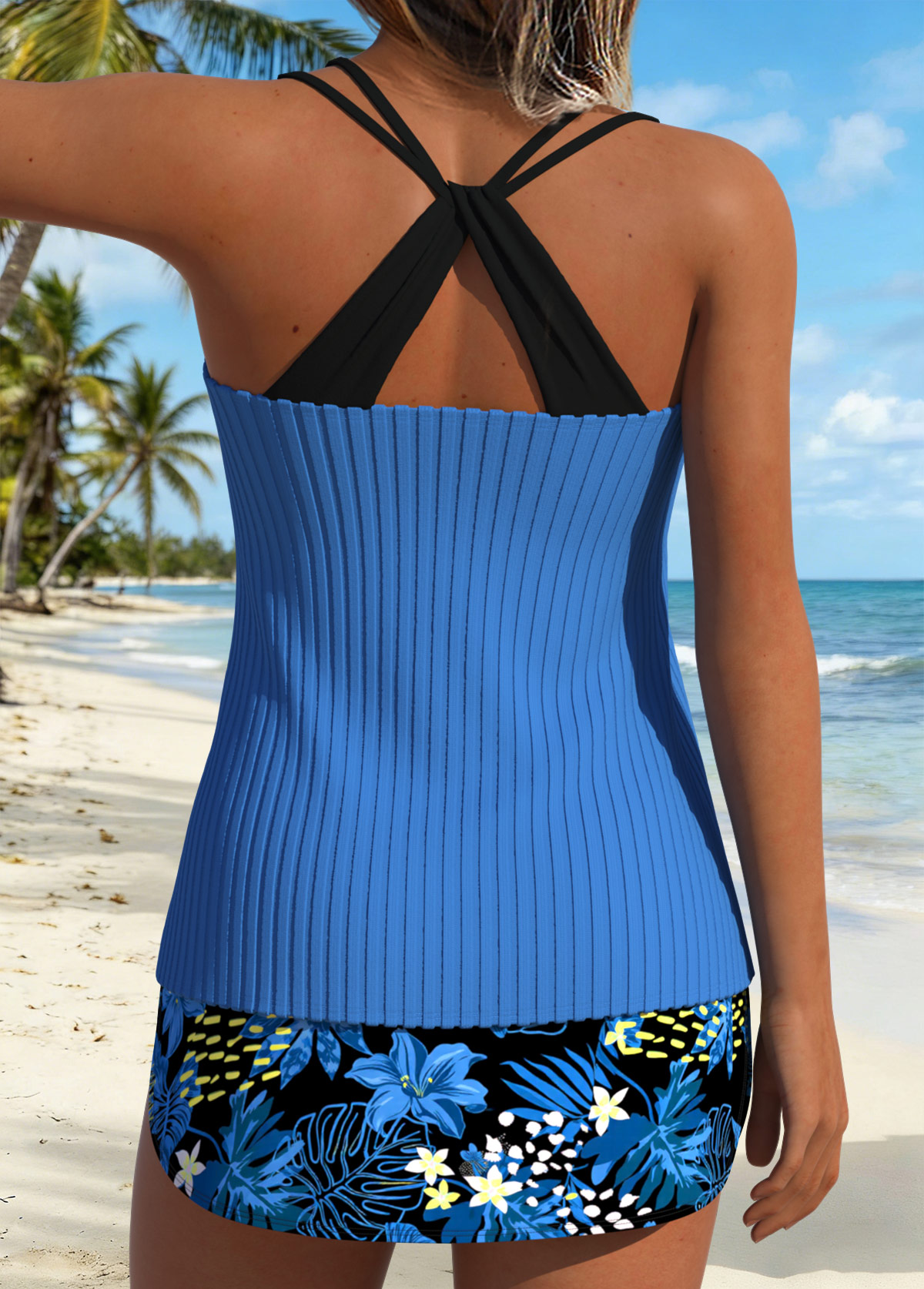 Dusty Blue Mid Waisted Lace Up Tankini Set | picture 