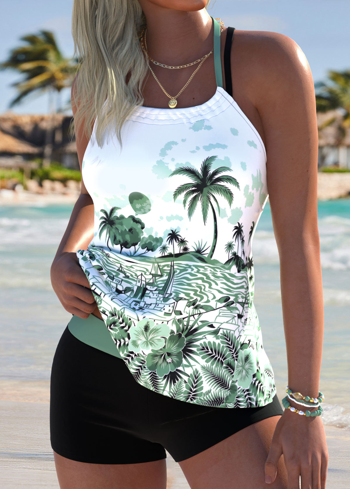 Sage Green Mid Waisted Tummy Coverage Tankini Set | picture 