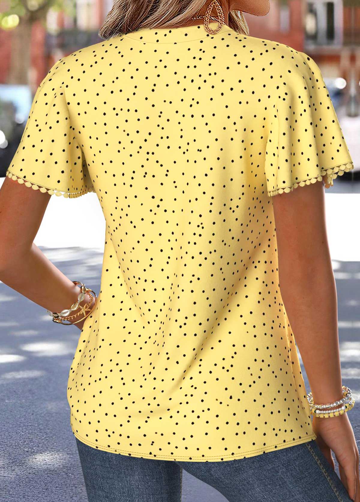 Yellow Polka Dot Curved Hem Short Sleeve T Shirt | picture 