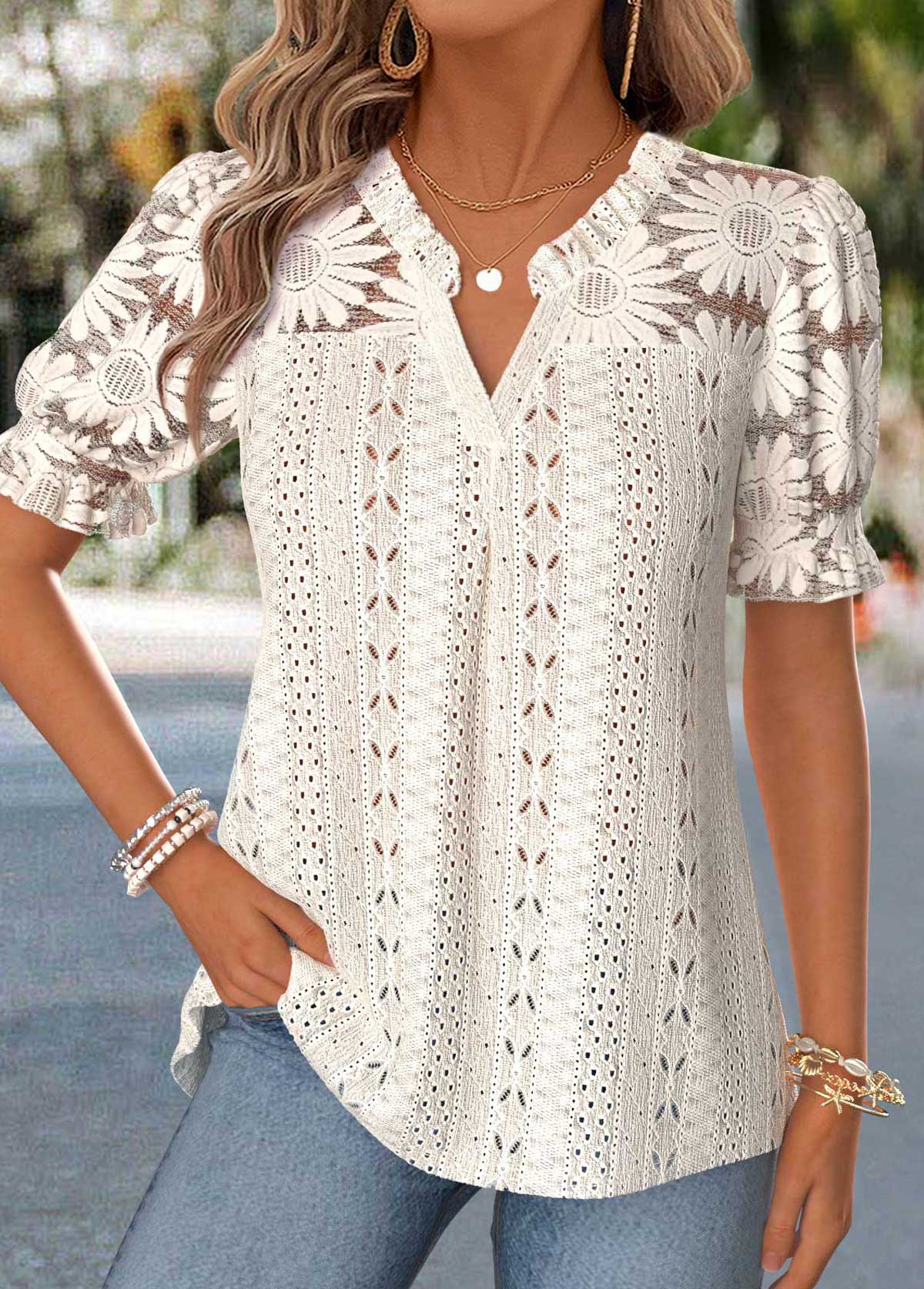 Beige Patchwork Short Sleeve Split Neck Blouse | picture 