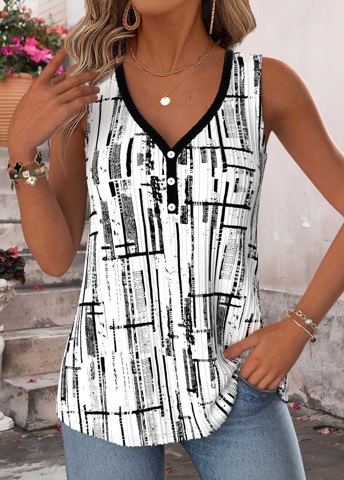 Raw White Geometric Print Curved Hem Sleeveless Tank Top | picture 